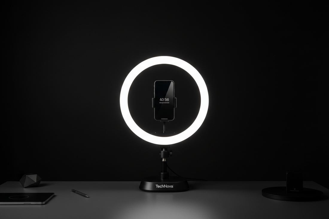 Anneau lumineux LED ring light noir élégant avec smartphone monté au centre - Éclairage professionnel selfies vidéos - Accessoire création contenu 2026