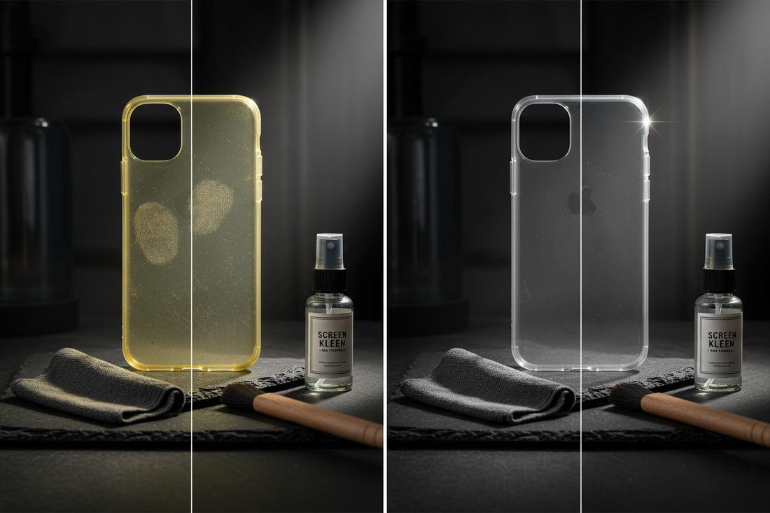 vant après nettoyage coque téléphone transparente - Comparaison coque jaunie sale vs coque propre cristalline - Méthode entretien anti-jaunissement 2026