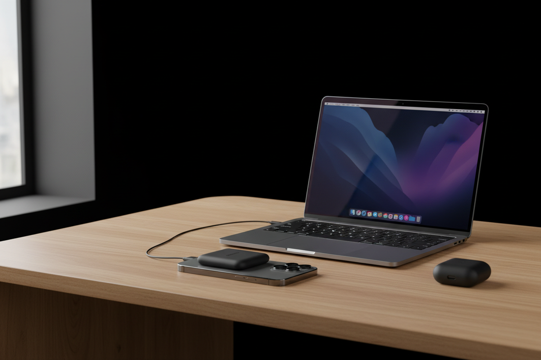 Batterie externe MagSafe 10000mAh noire fixée magnétiquement au dos d'un iPhone 16 Pro - Charge sans fil 15W - Power bank portable compact sur bureau moderne avec MacBook et AirPods - Accessoire tech premium 2026