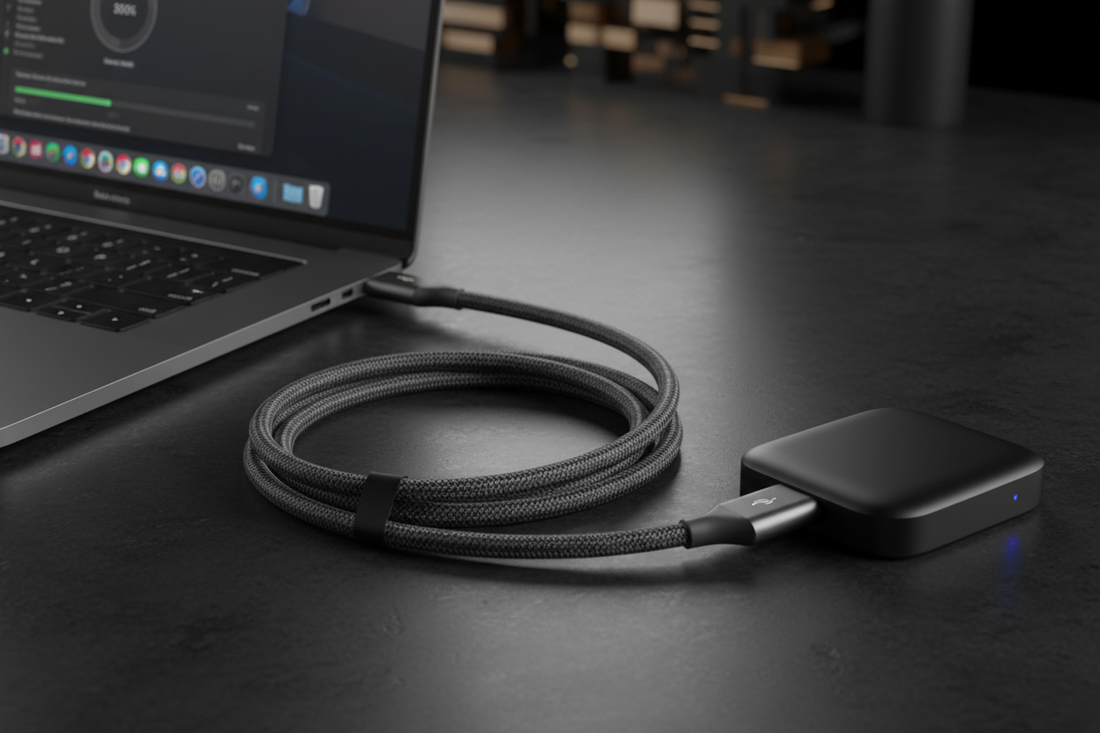 Infographie vitesse transfert données USB-C 20 Gbps - Comparaison temps transfert fichiers 4K photos documents - USB 3.2 Gen 2x2 performance 2026