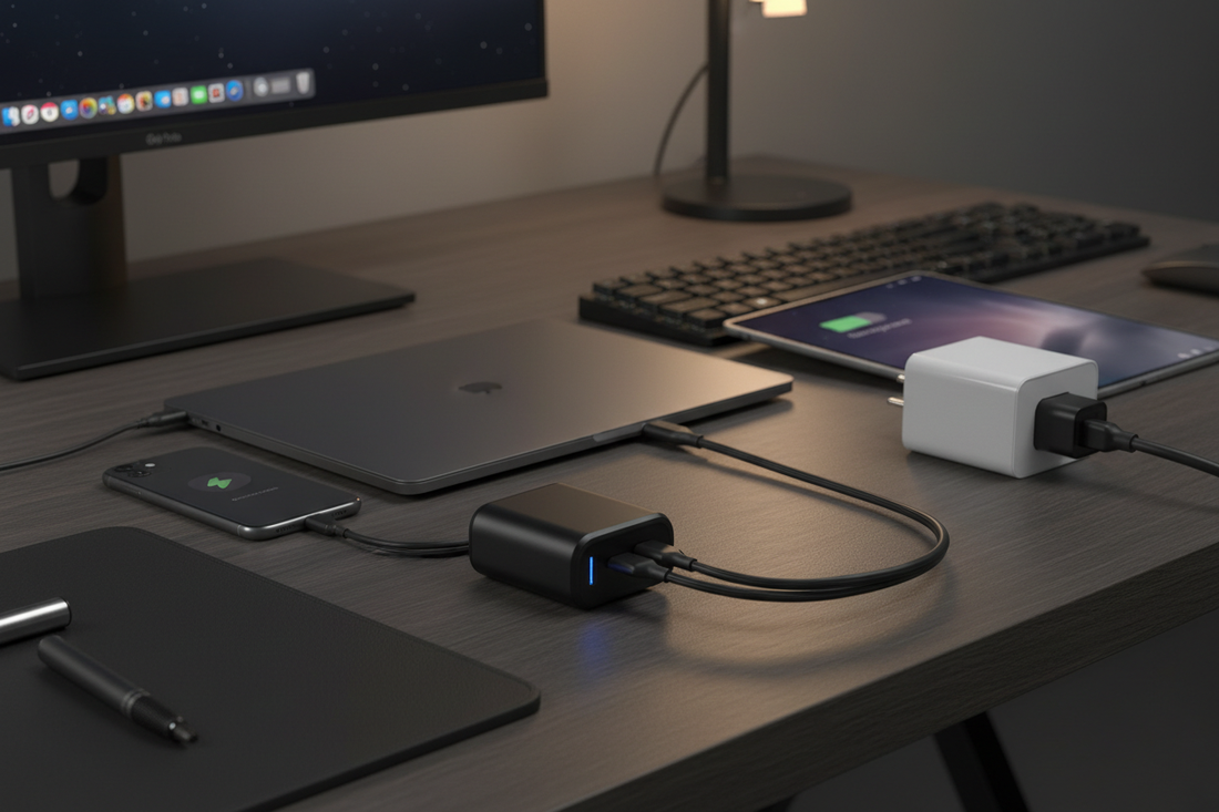 Chargeur GaN 65W compact avec câble rétractable 3-en-1 chargeant MacBook iPhone iPad simultanément - Charge rapide multi-appareils 2026