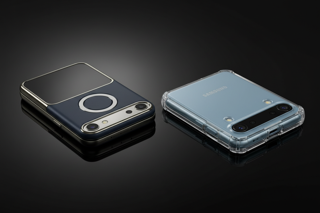 Comparaison Samsung Z Flip 7 vs Z Flip 6 avec coques protection - Coque MagSafe et transparente - Différences module caméra écran externe smartphone pliable 2026
