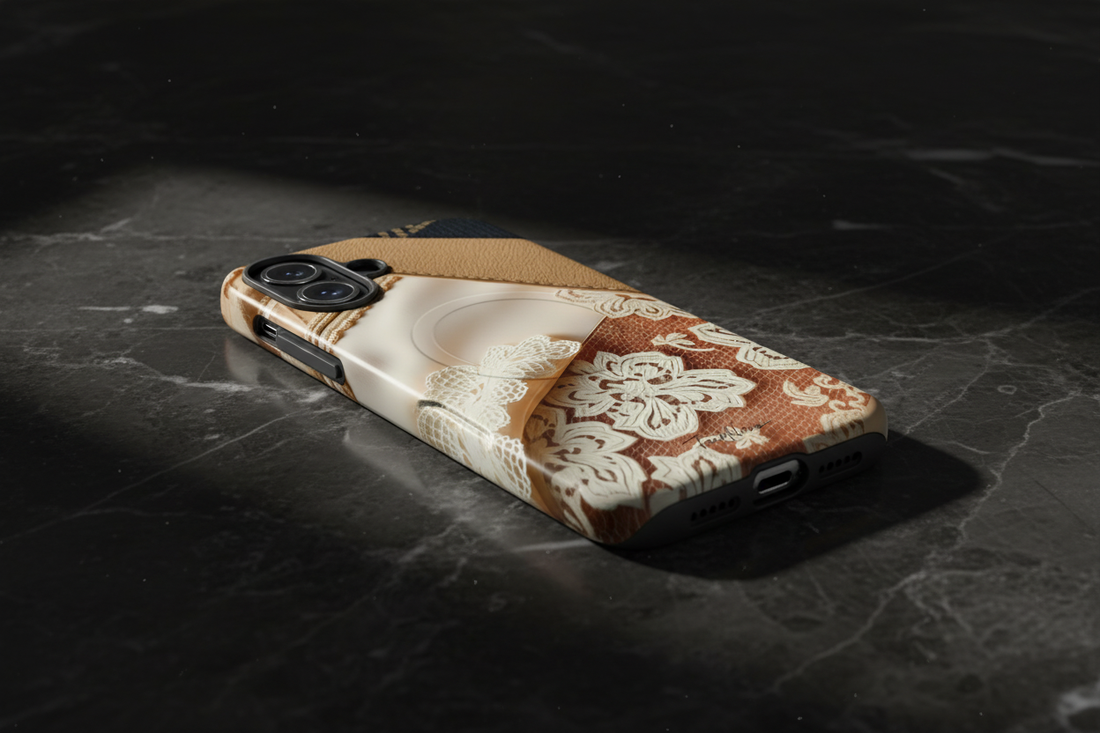 Coque iPhone TechNova Trilogie Artisanale avec motifs géométriques beige et dentelle - protection premium made in Europe sur marbre luxe