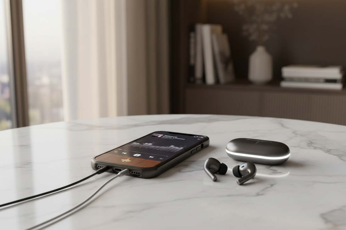 iPhone avec coque TechNova premium et écouteurs sans fil sur marbre - écosystème audio mobile haut de gamme 2026