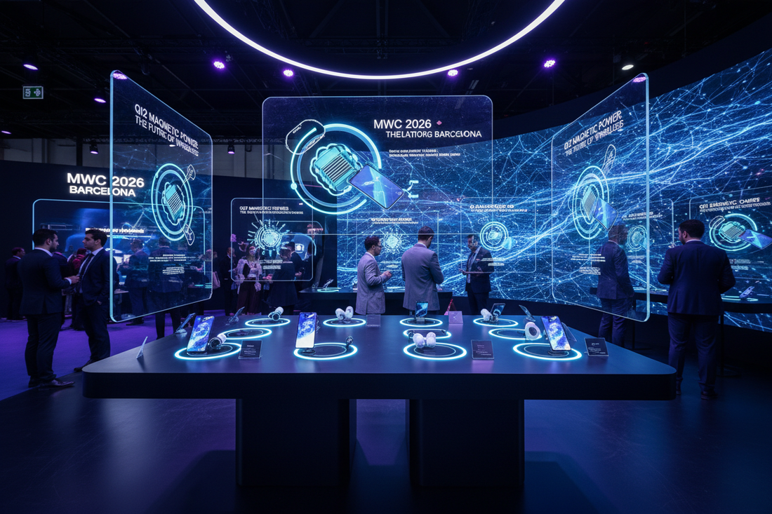 MWC 2026 Barcelone salon technologie - Stand exposition accessoires charge sans fil Qi2 magnétique - Innovations smartphones tendances tech Mobile World Congress