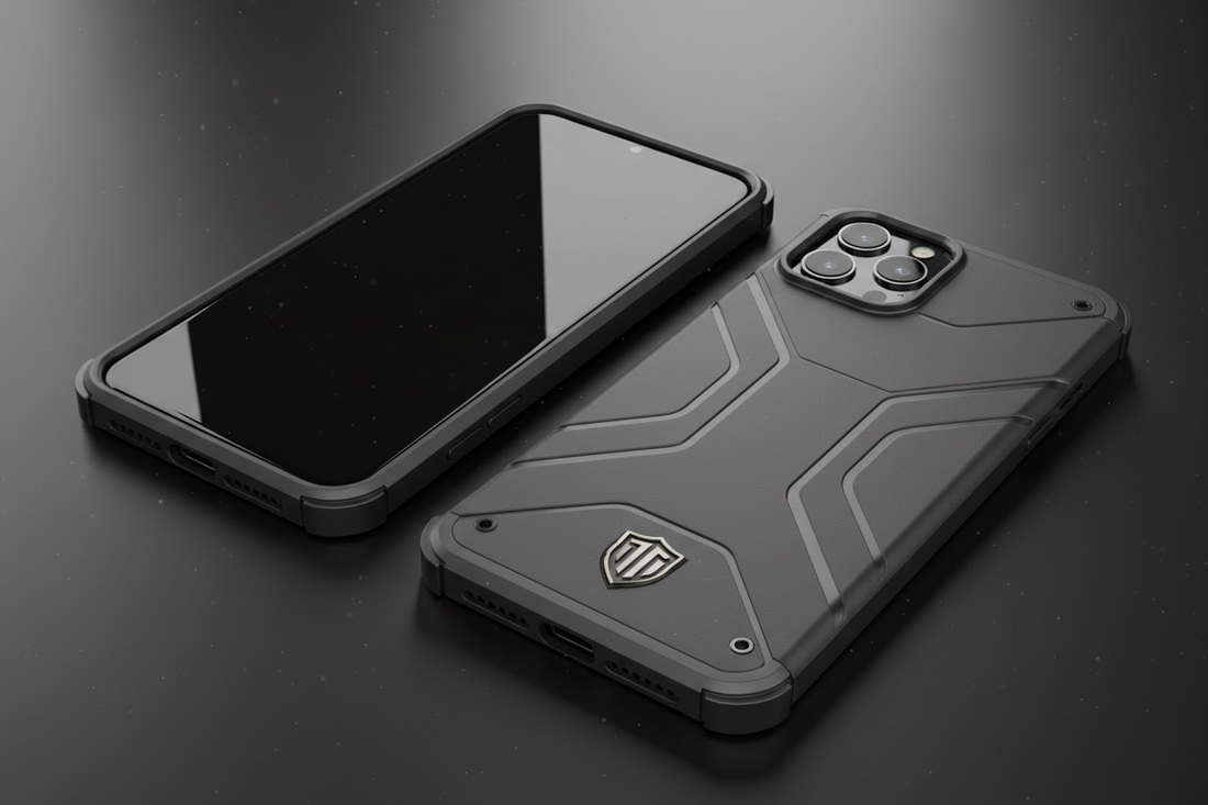 Smartphone avec coque TechNova premium montrant protection 360 degrés - rebords surélevés écran et caméra - protection complète antichoc 2026