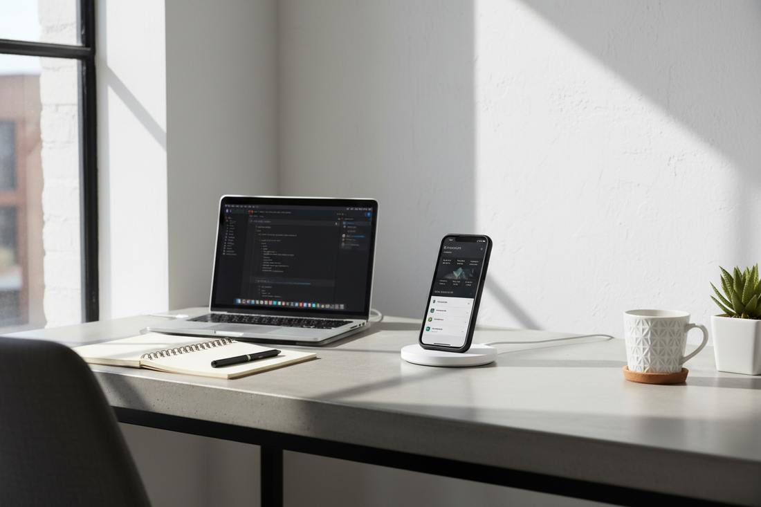 Setup bureau minimaliste moderne avec iPhone dans coque TechNova sur chargeur sans fil - espace de travail productif organisé 2026