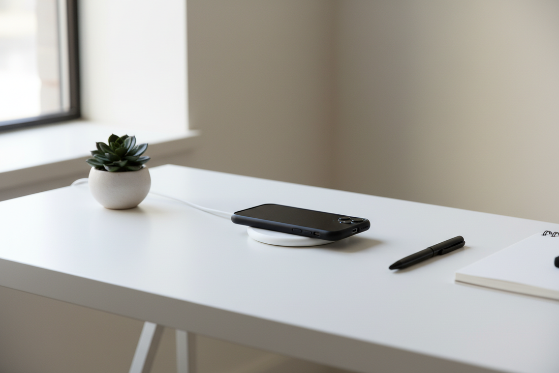 Setup bureau minimaliste avec iPhone dans coque TechNova noire sur chargeur MagSafe - espace épuré zen productif 2026