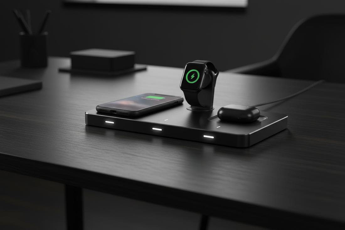 Station de charge sans fil 3-en-1 premium chargeant iPhone Apple Watch et AirPods simultanément sur bureau minimaliste noir - Chargeur MagSafe 15W 2026