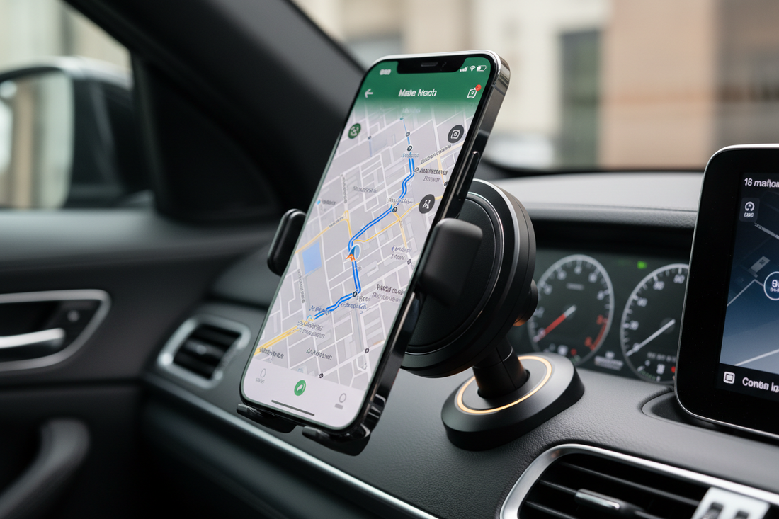 Support voiture magnétique tableau de bord avec iPhone GPS navigation - Charge sans fil 15W rotation 360° - Accessoire auto MagSafe sécurité routière 2026
