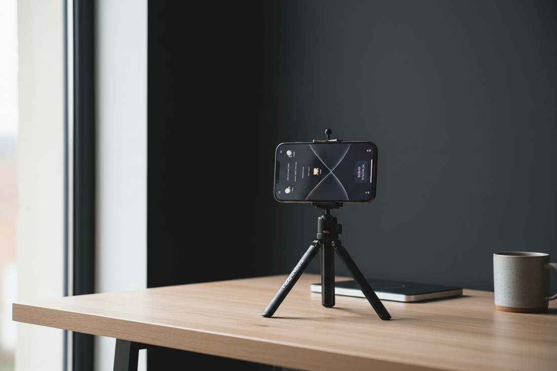 Trépied smartphone compact en aluminium noir avec iPhone 16 Pro monté - Stabilisation photo vidéo professionnelle - Accessoire création contenu 2026