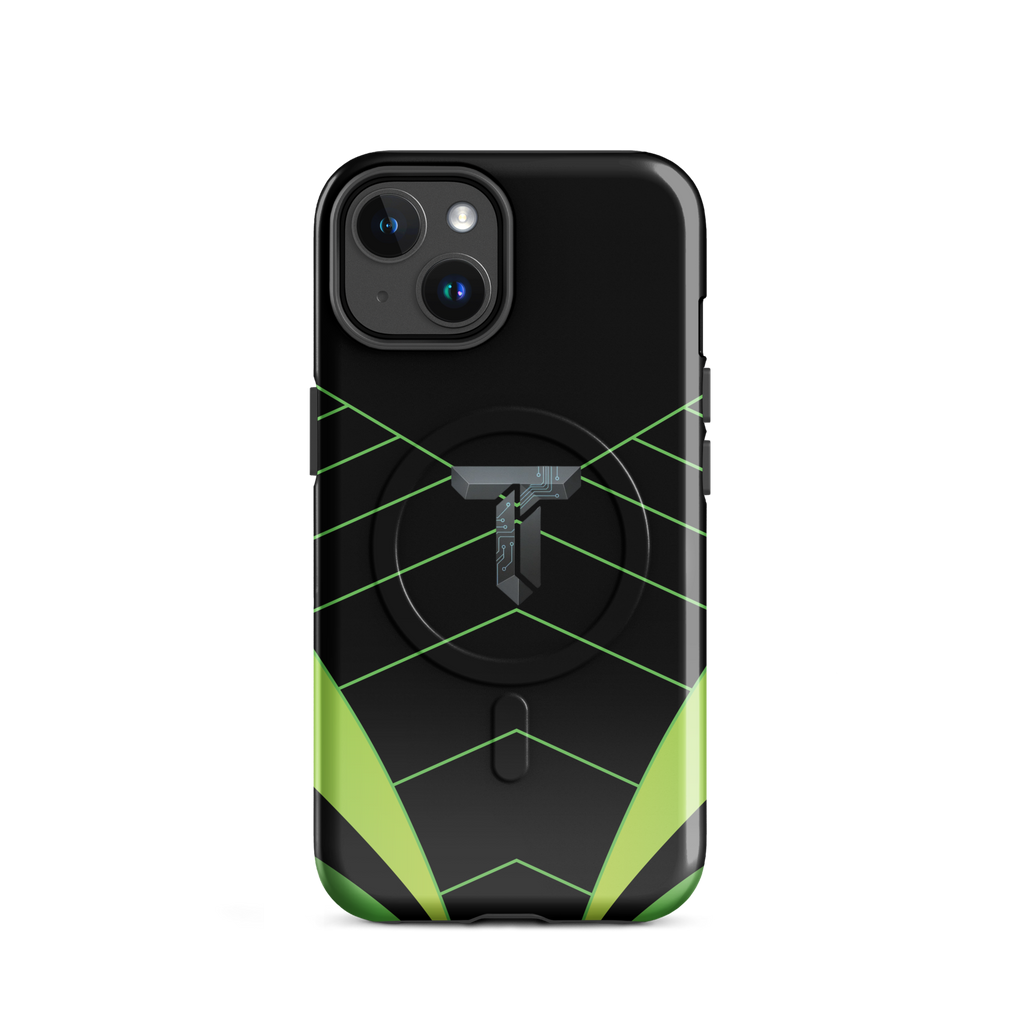 Coque iPhone MagSafe noire et verte motif géométrique protection renforcée