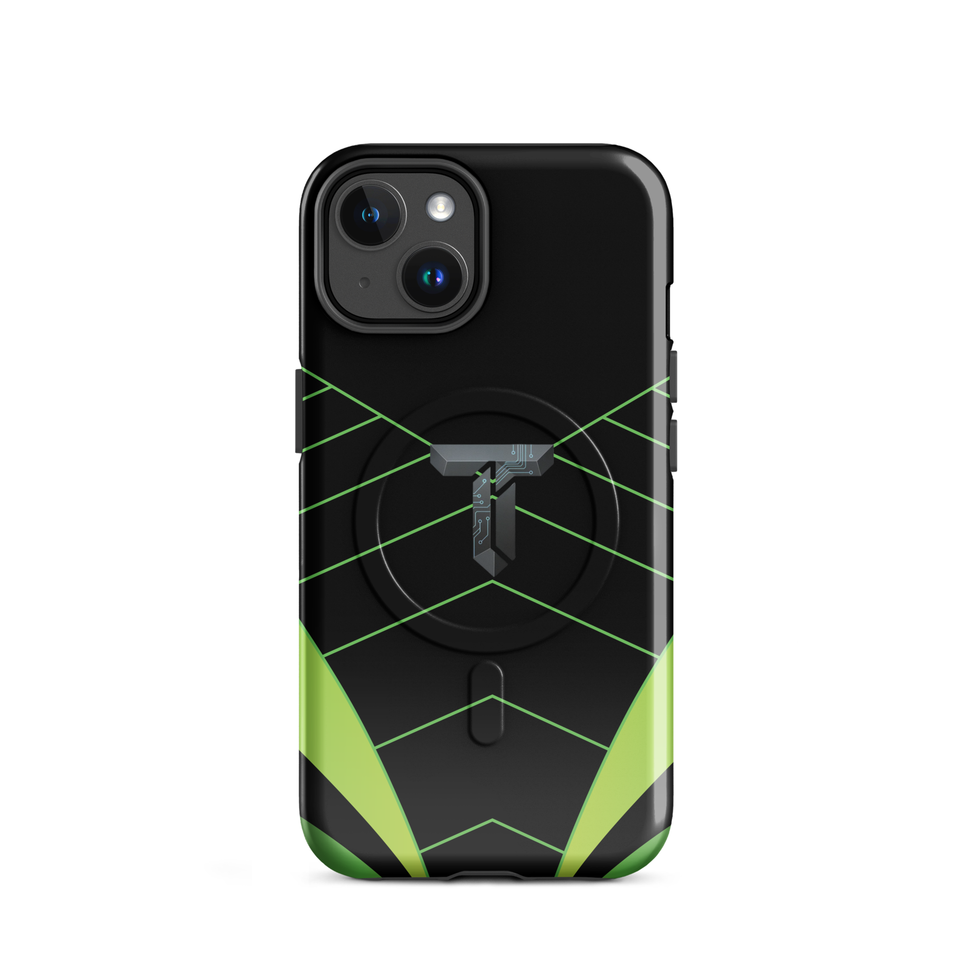 Coque iPhone MagSafe noire et verte motif géométrique protection renforcée