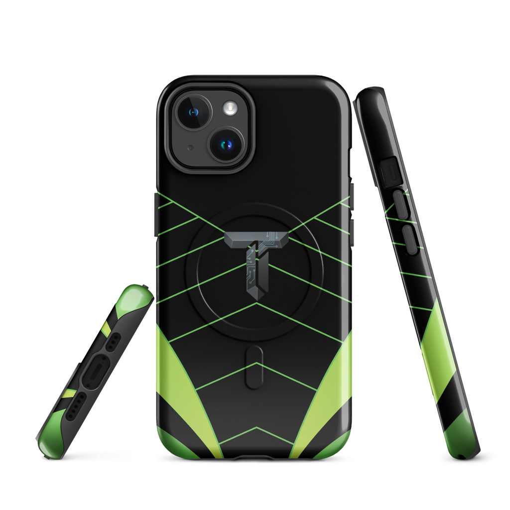 Coque iPhone MagSafe noire et verte motif géométrique protection renforcée