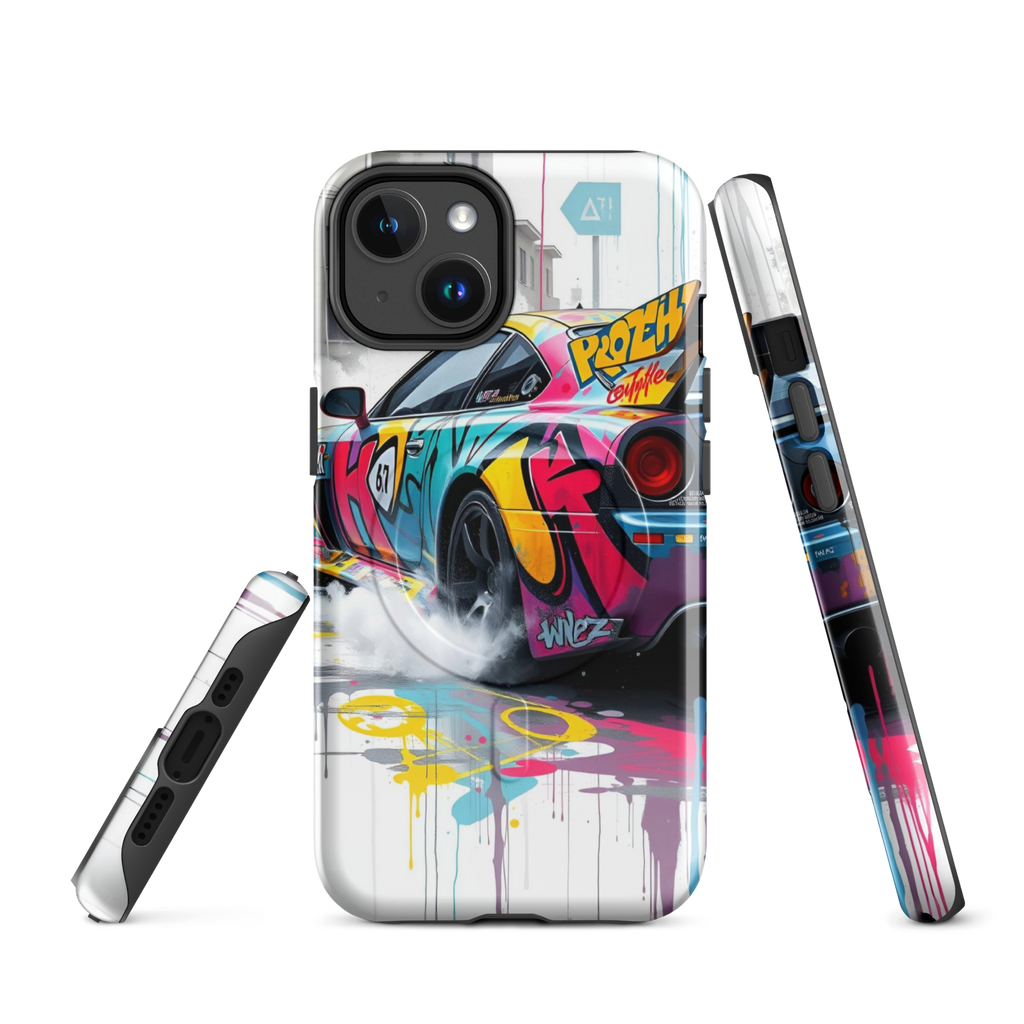 Coque iPhone MagSafe Graffiti Voiture Sport TechNova - Design street art racing avec couleurs néon