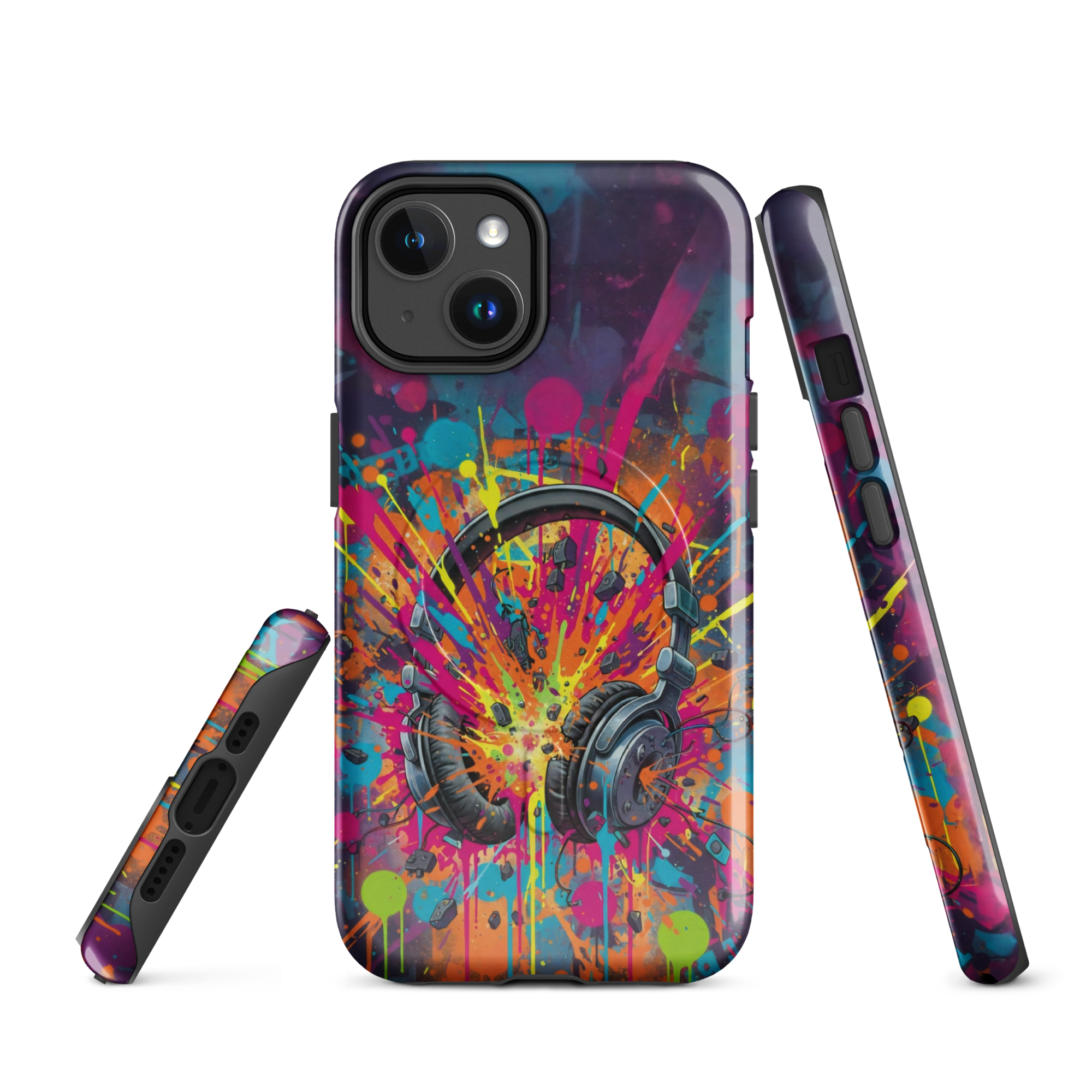 Coque iPhone MagSafe graffiti casque audio vintage explosion couleurs néon TechNova street art urbain protection premium