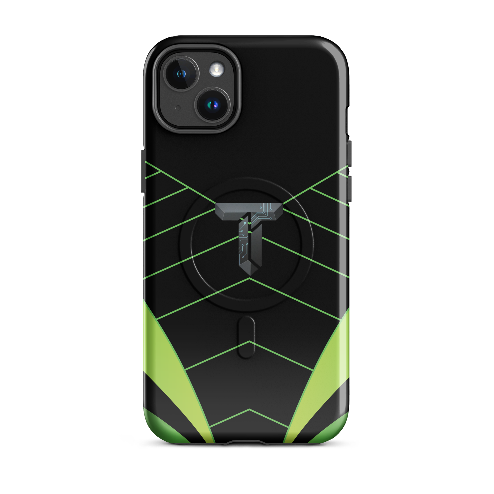 Coque iPhone MagSafe noire et verte motif géométrique protection renforcée