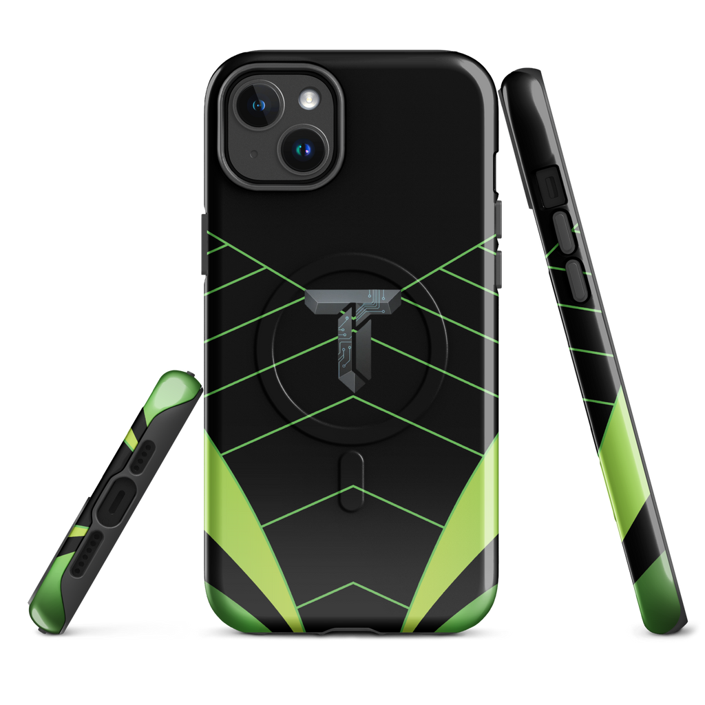 Coque iPhone MagSafe noire et verte motif géométrique protection renforcée