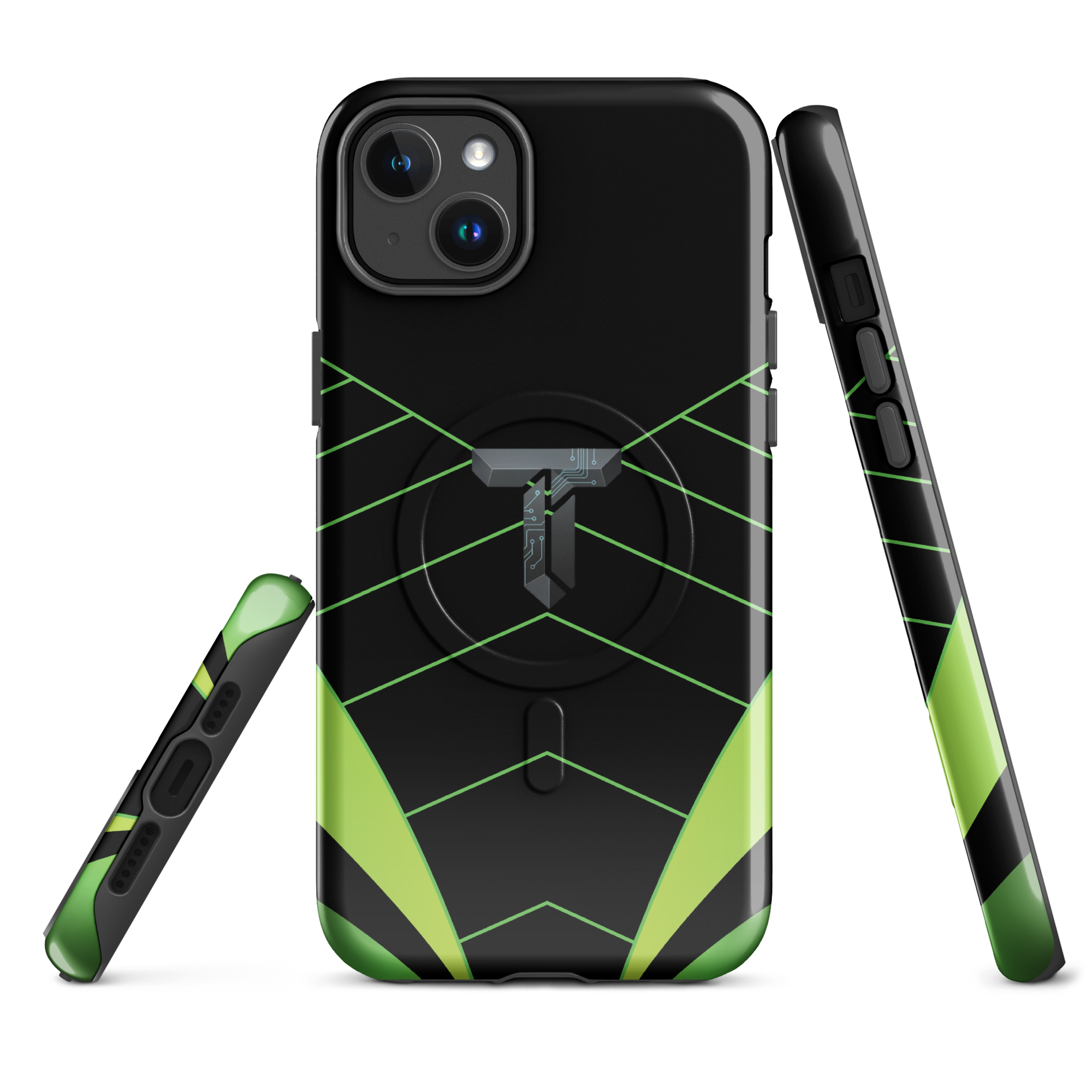 Coque iPhone MagSafe noire et verte motif géométrique protection renforcée