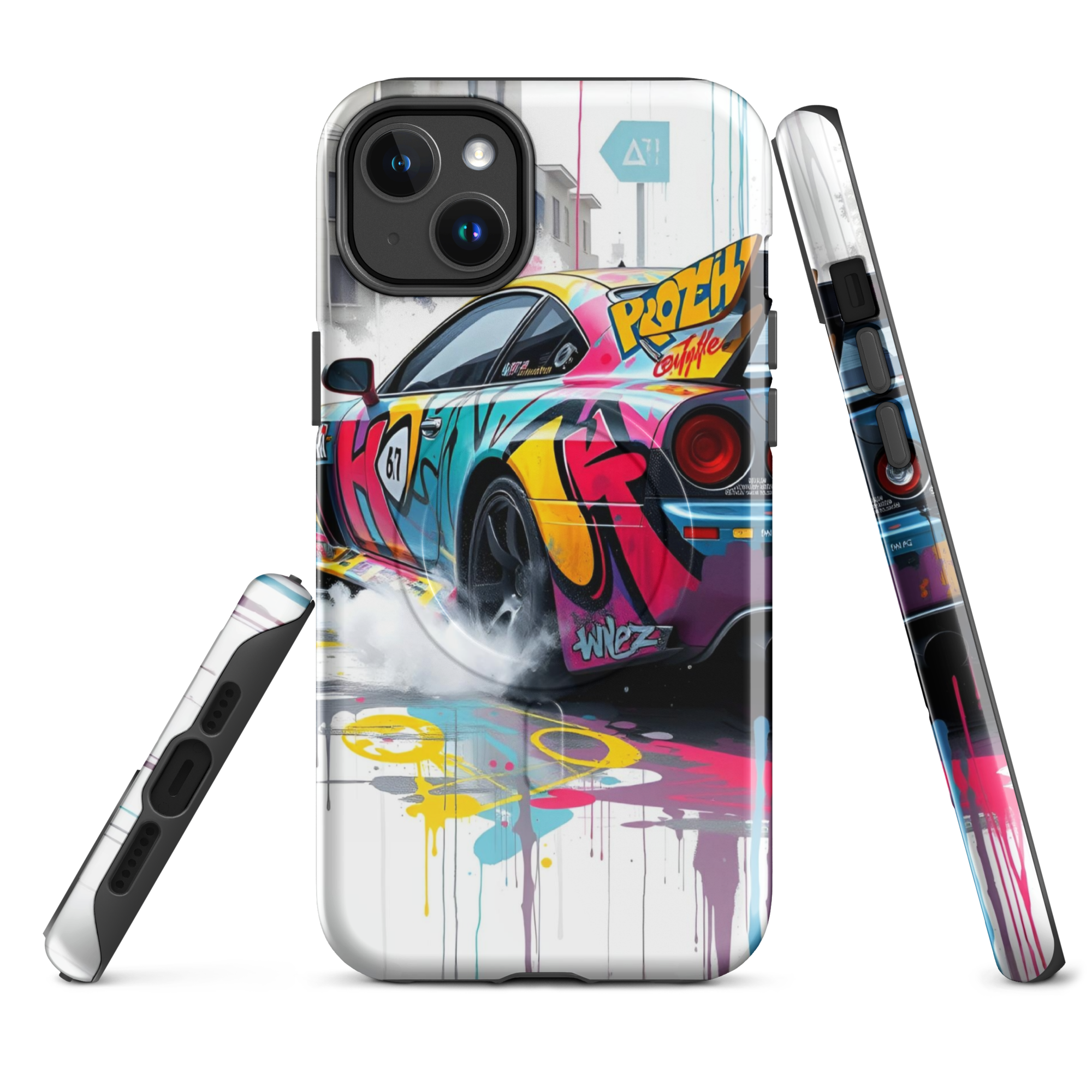 Coque iPhone MagSafe Graffiti Voiture Sport TechNova - Design street art racing avec couleurs néon