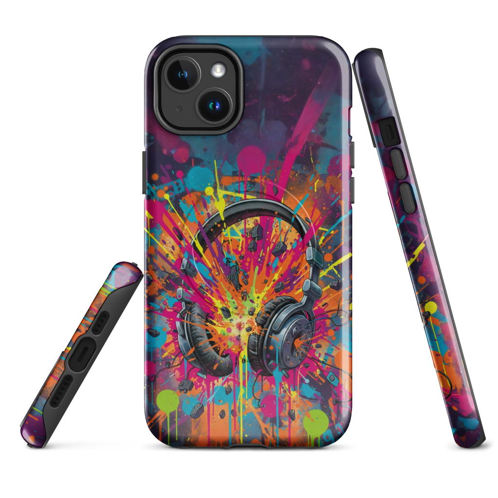 Coque iPhone MagSafe graffiti casque audio vintage explosion couleurs néon TechNova street art urbain protection premium
