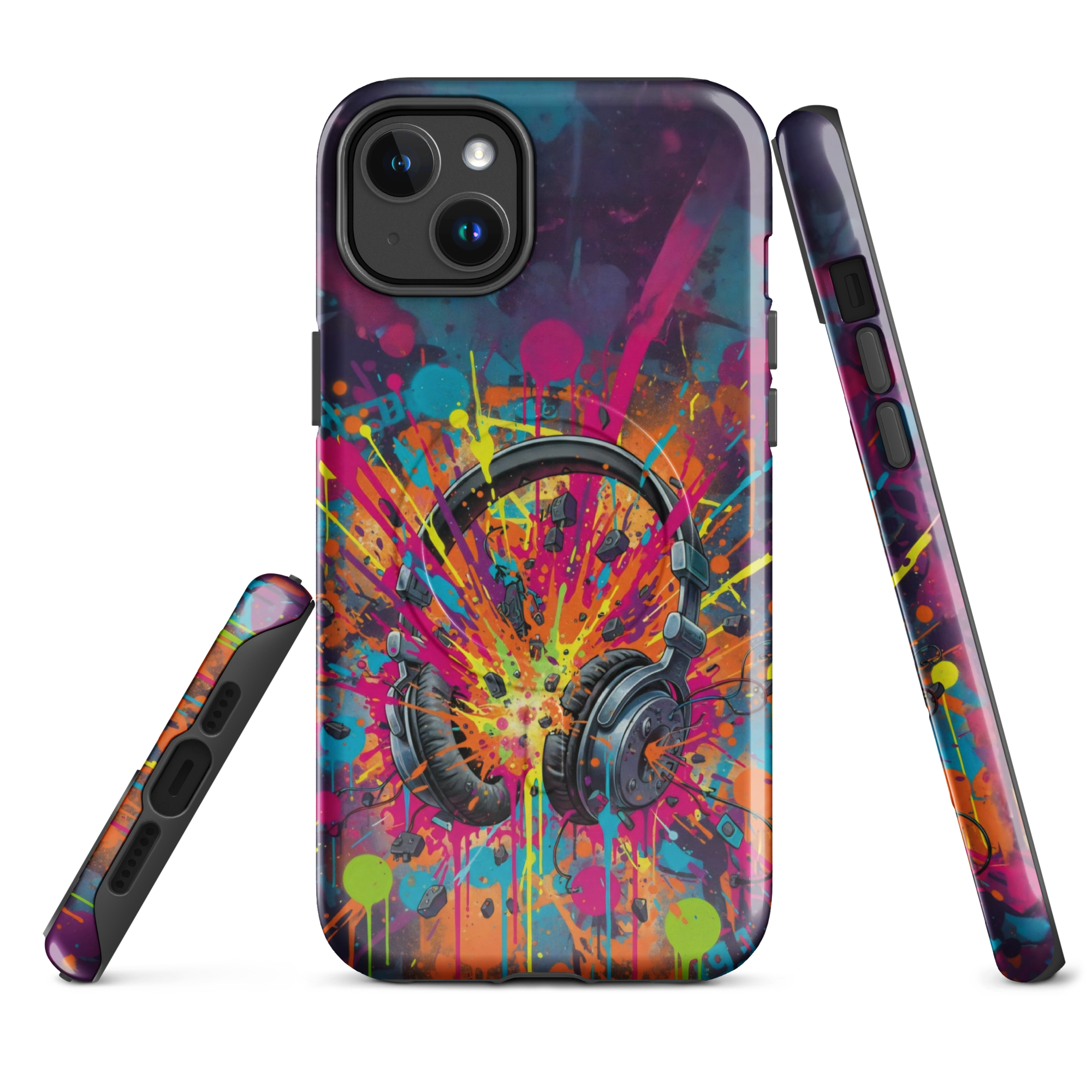 Coque iPhone MagSafe graffiti casque audio vintage explosion couleurs néon TechNova street art urbain protection premium