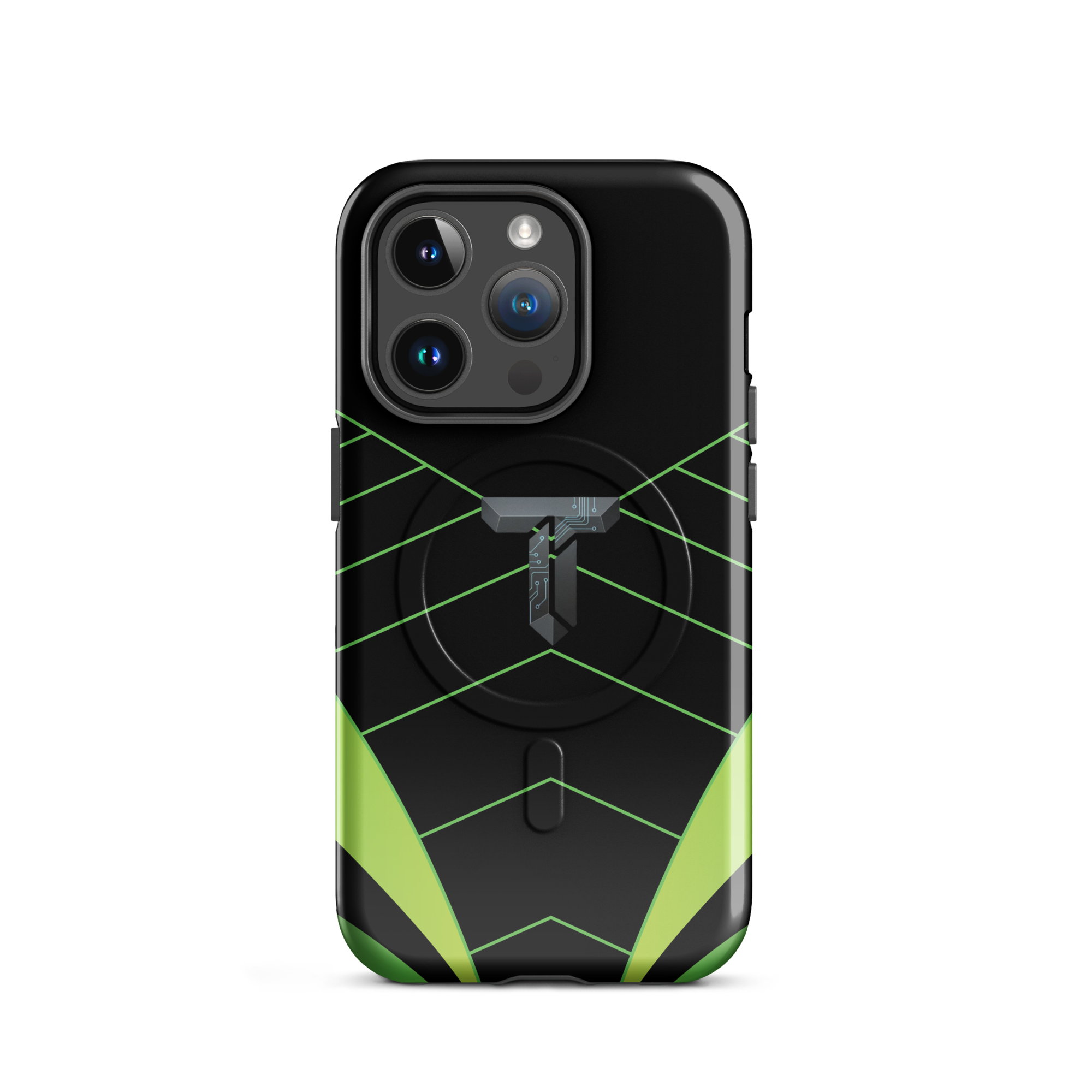 Coque iPhone MagSafe noire et verte motif géométrique protection renforcée