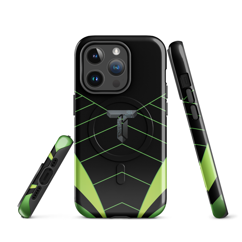 Coque iPhone MagSafe noire et verte motif géométrique protection renforcée