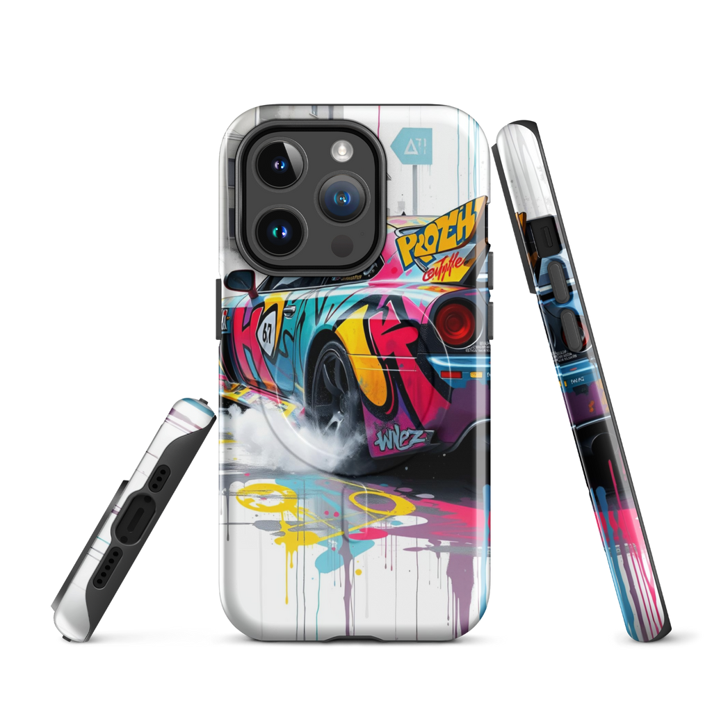 Coque iPhone MagSafe Graffiti Voiture Sport TechNova - Design street art racing avec couleurs néon