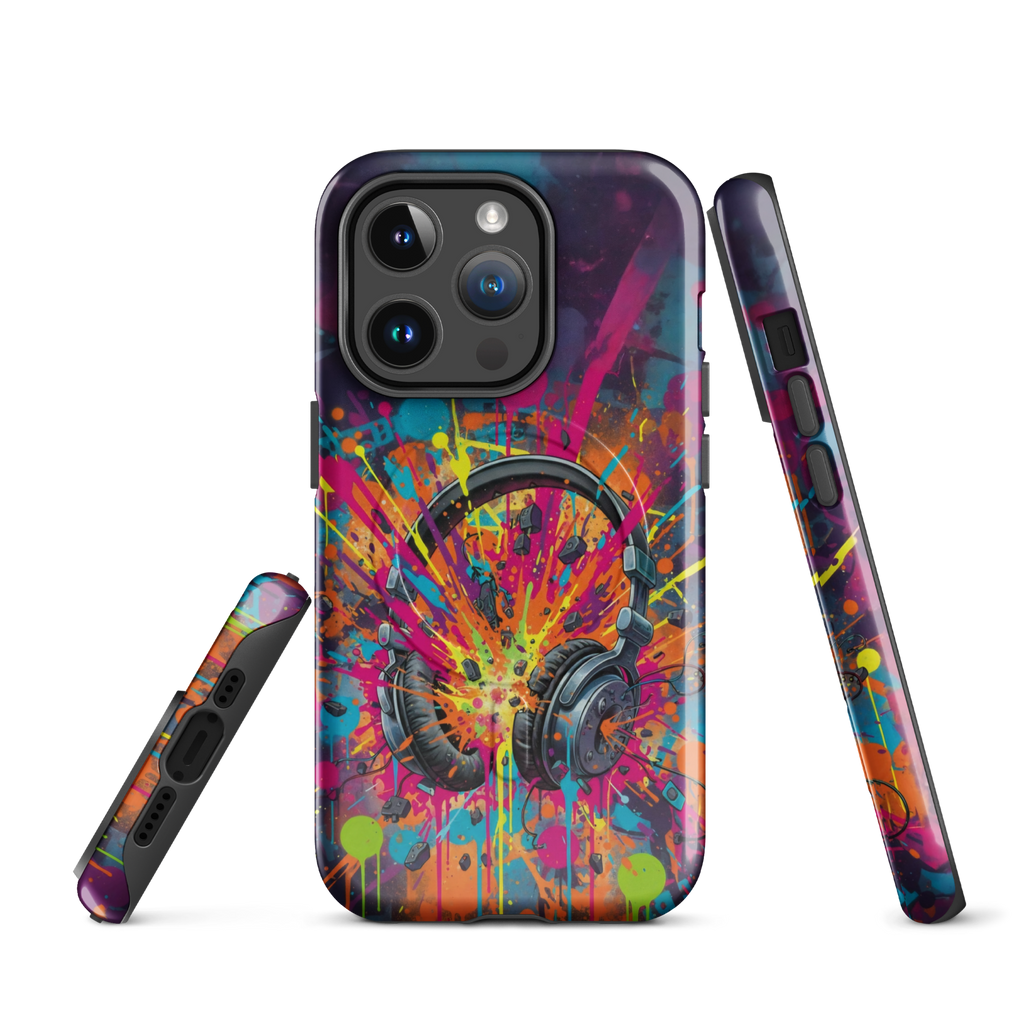 Coque iPhone MagSafe graffiti casque audio vintage explosion couleurs néon TechNova street art urbain protection premium