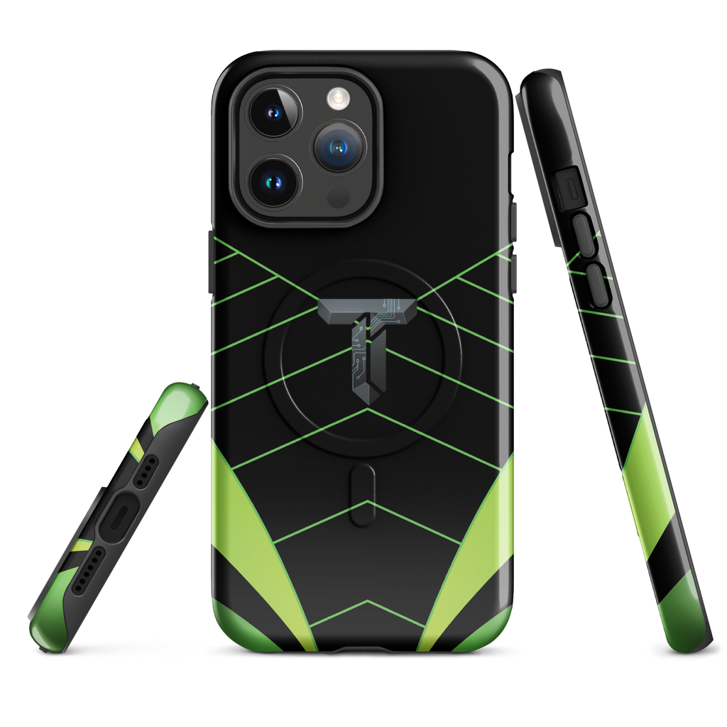 Coque iPhone MagSafe noire et verte motif géométrique protection renforcée