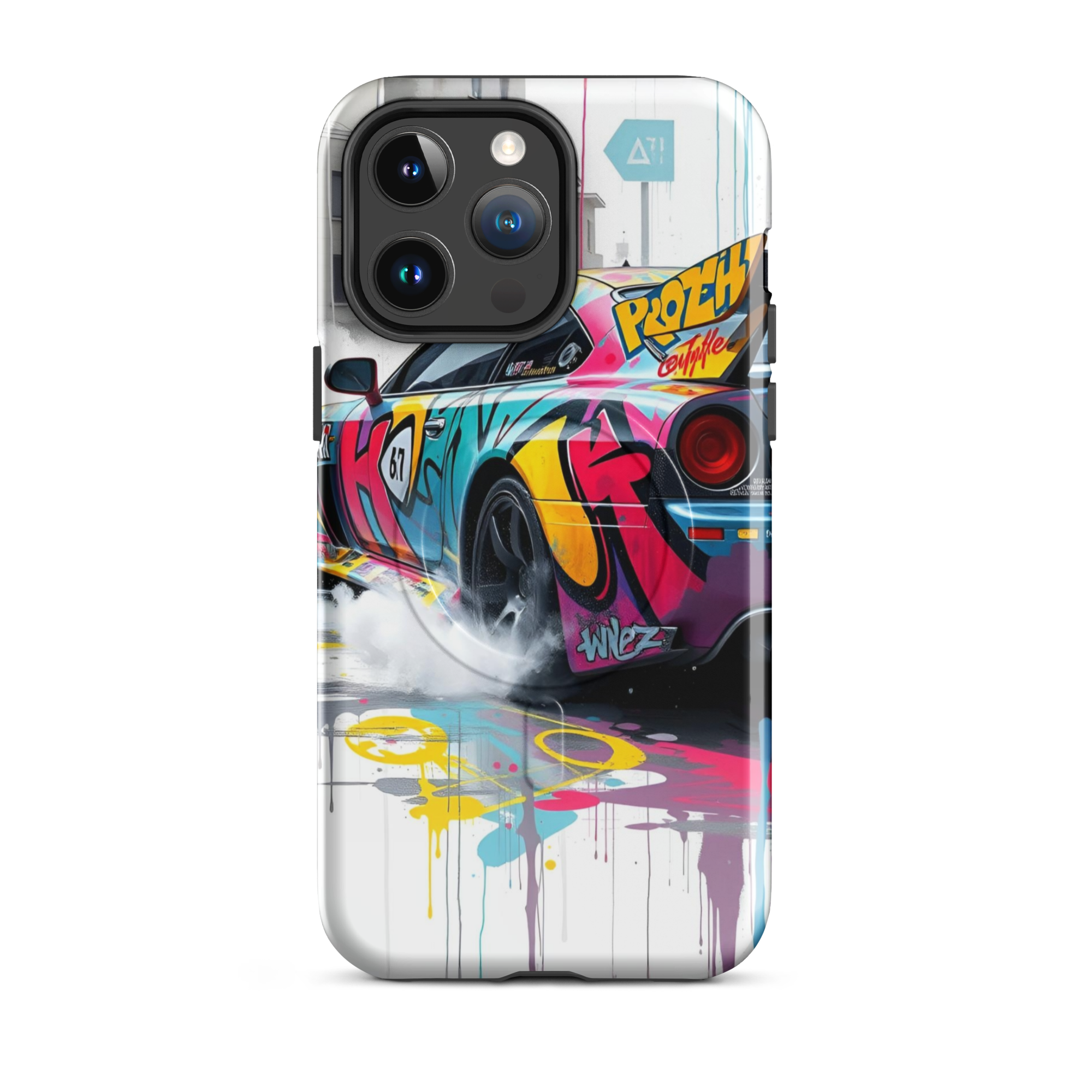 Coque iPhone MagSafe Graffiti Voiture Sport TechNova - Design street art racing avec couleurs néon mockup