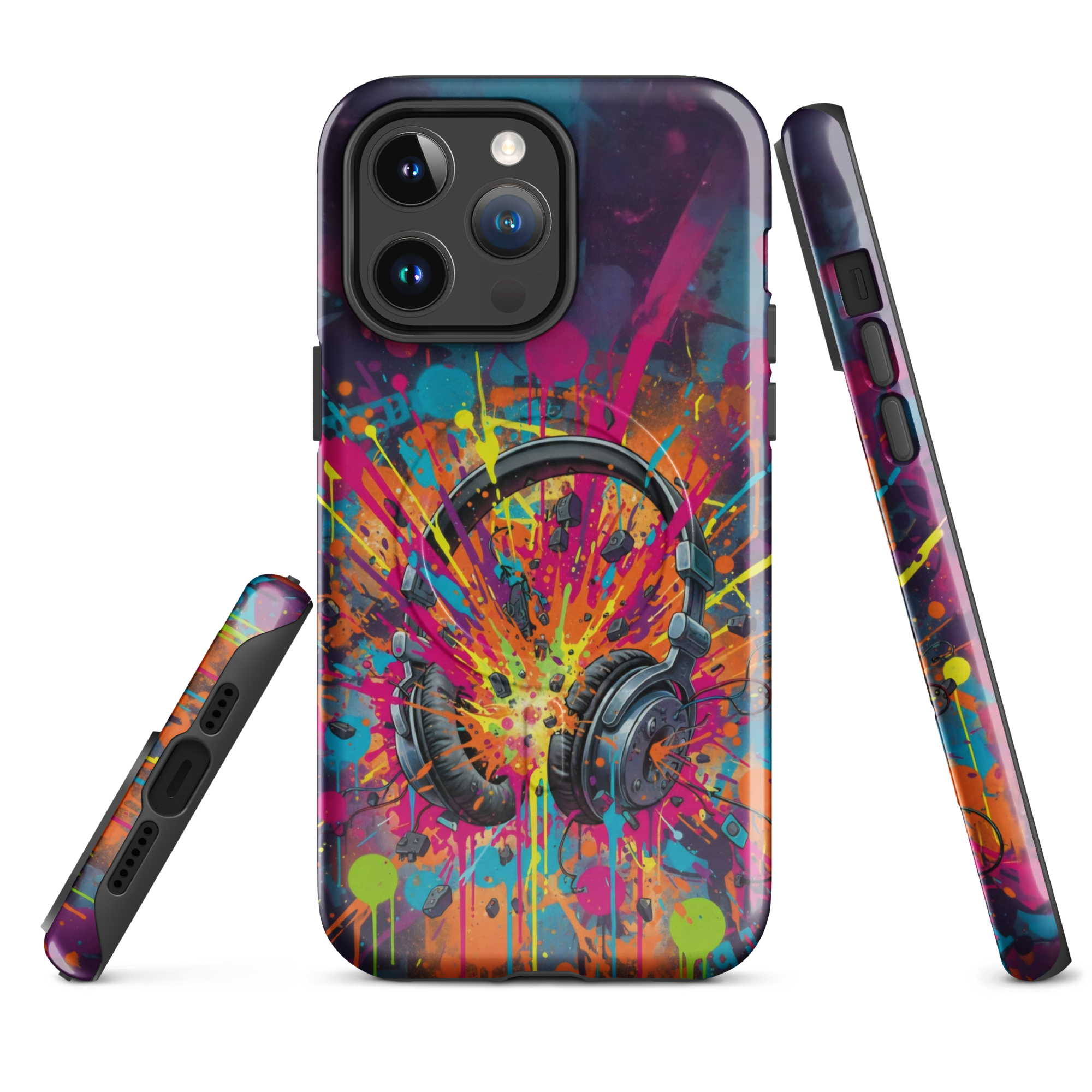Coque iPhone MagSafe graffiti casque audio vintage explosion couleurs néon TechNova street art urbain protection premium
