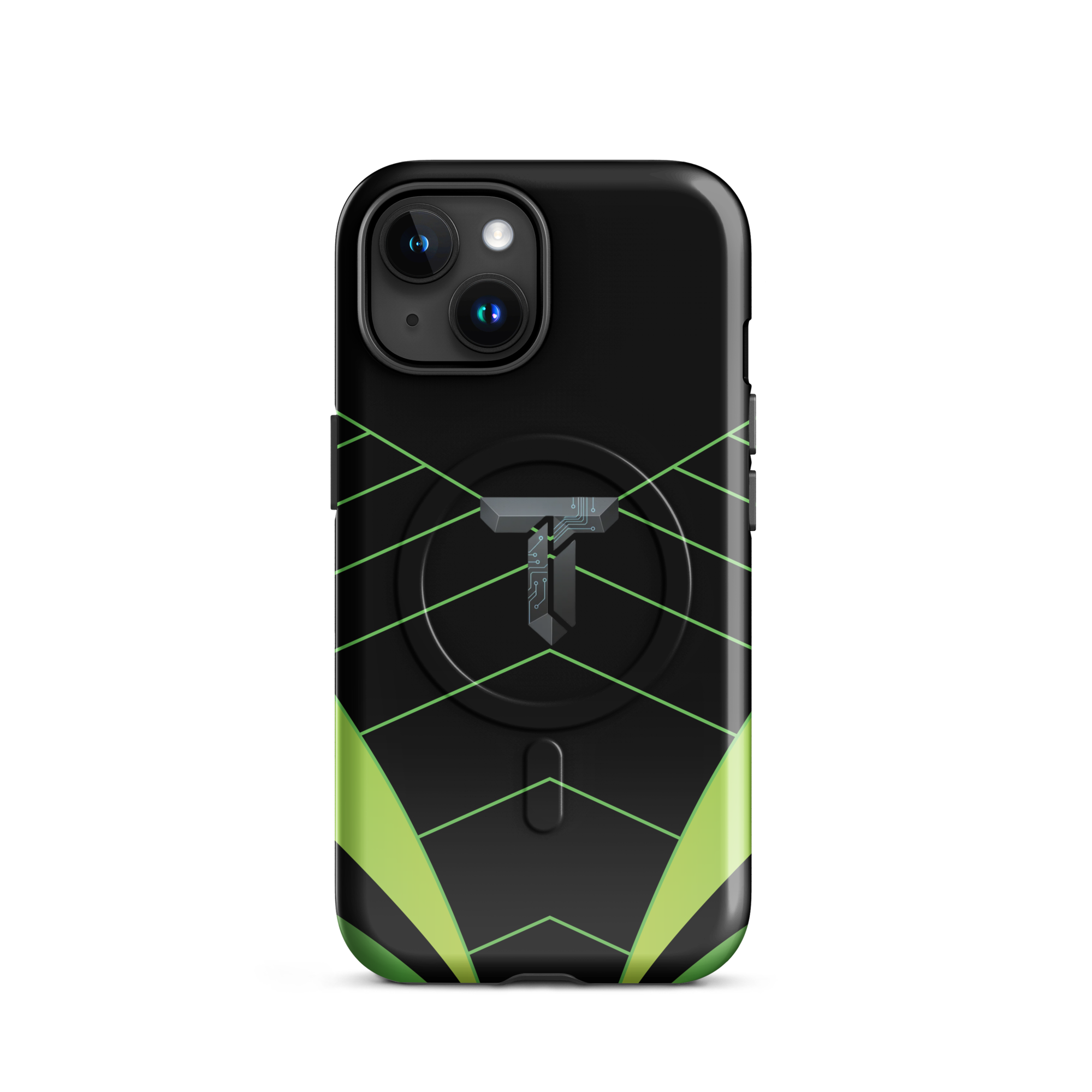 Coque iPhone MagSafe noire et verte motif géométrique protection renforcée