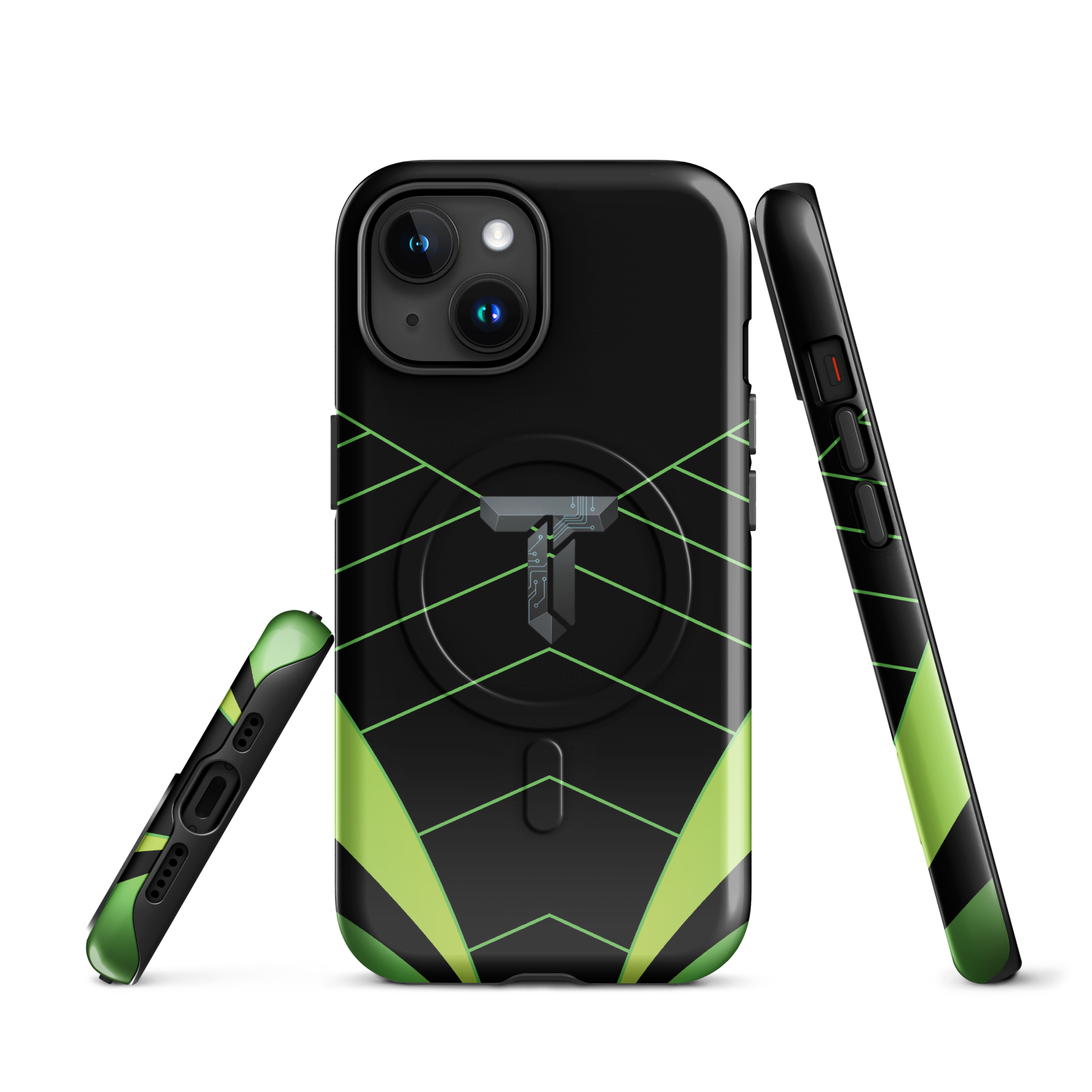 Coque iPhone MagSafe noire et verte motif géométrique protection renforcée