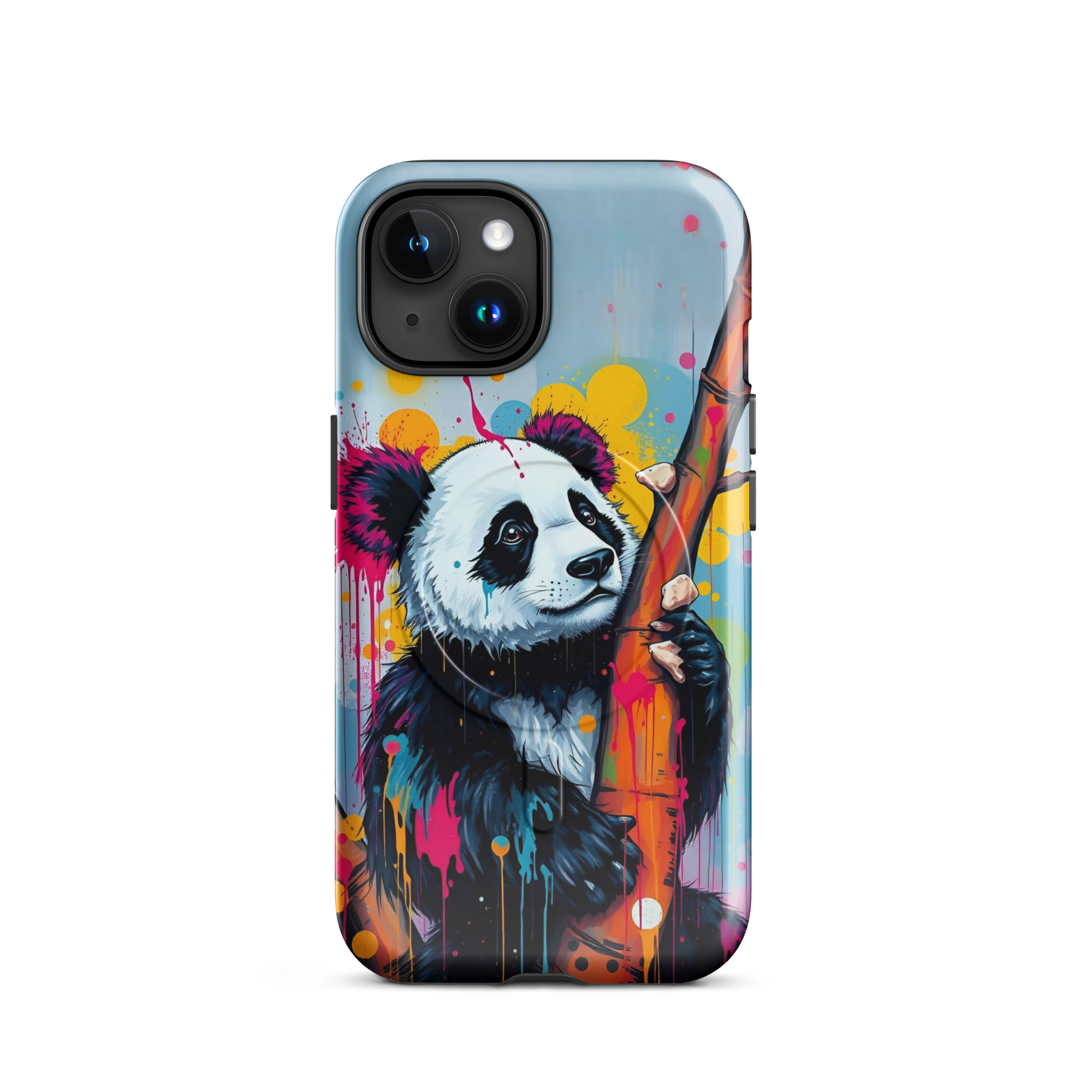 Coque iPhone MagSafe graffiti panda street art TechNova avec coulures roses oranges bleues protection premium