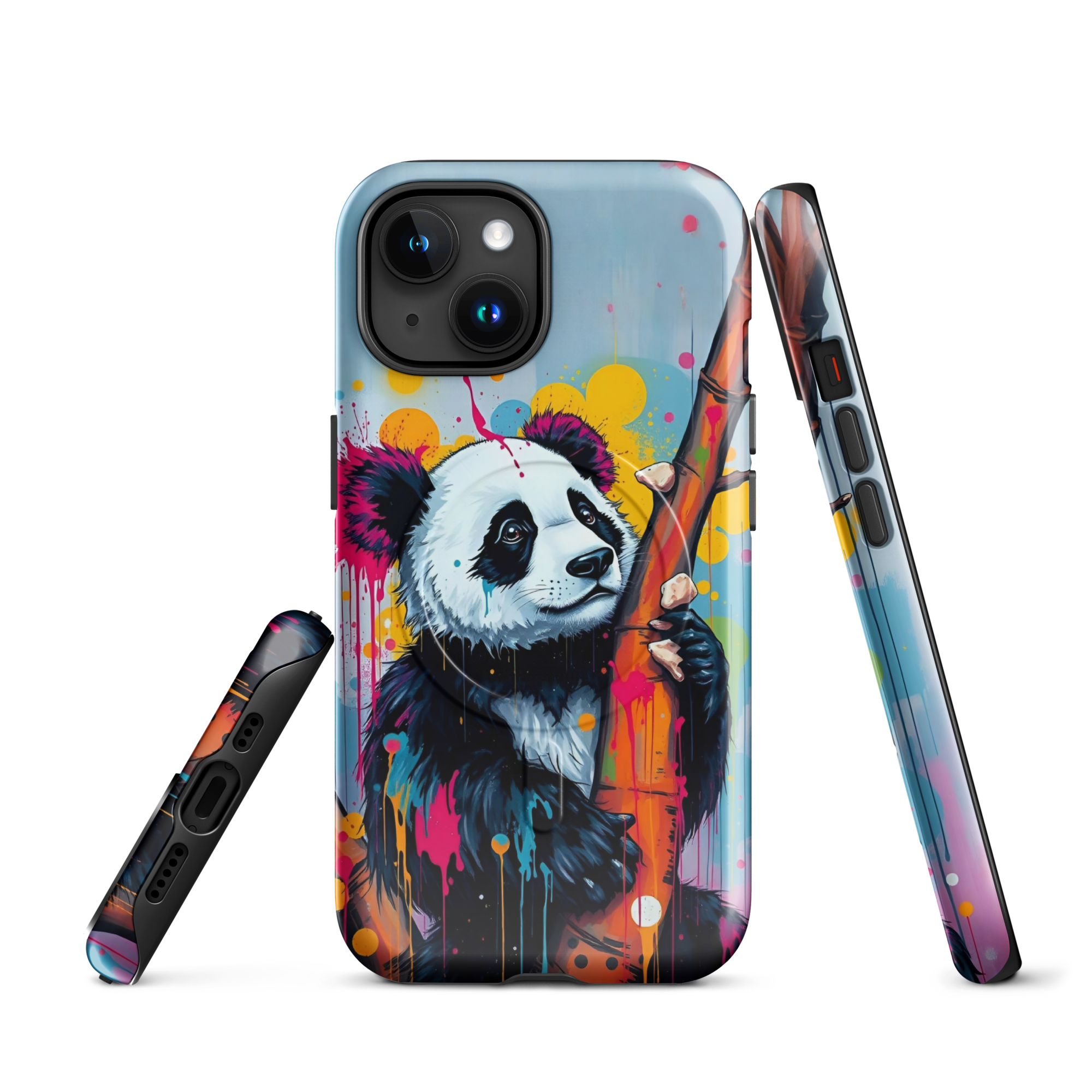 Coque iPhone MagSafe graffiti panda street art TechNova avec coulures roses oranges bleues protection premium