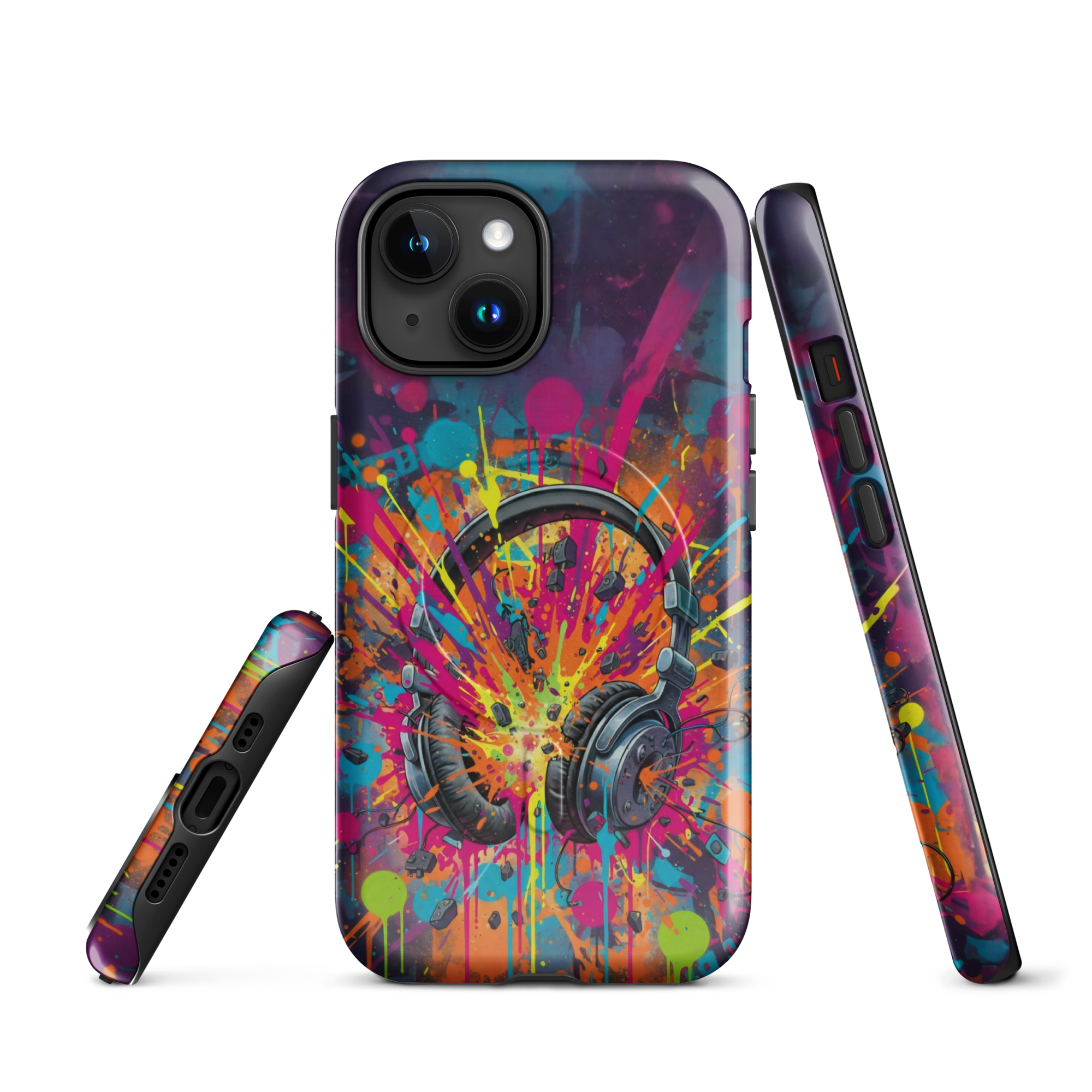 Coque iPhone MagSafe graffiti casque audio vintage explosion couleurs néon TechNova street art urbain protection premium
