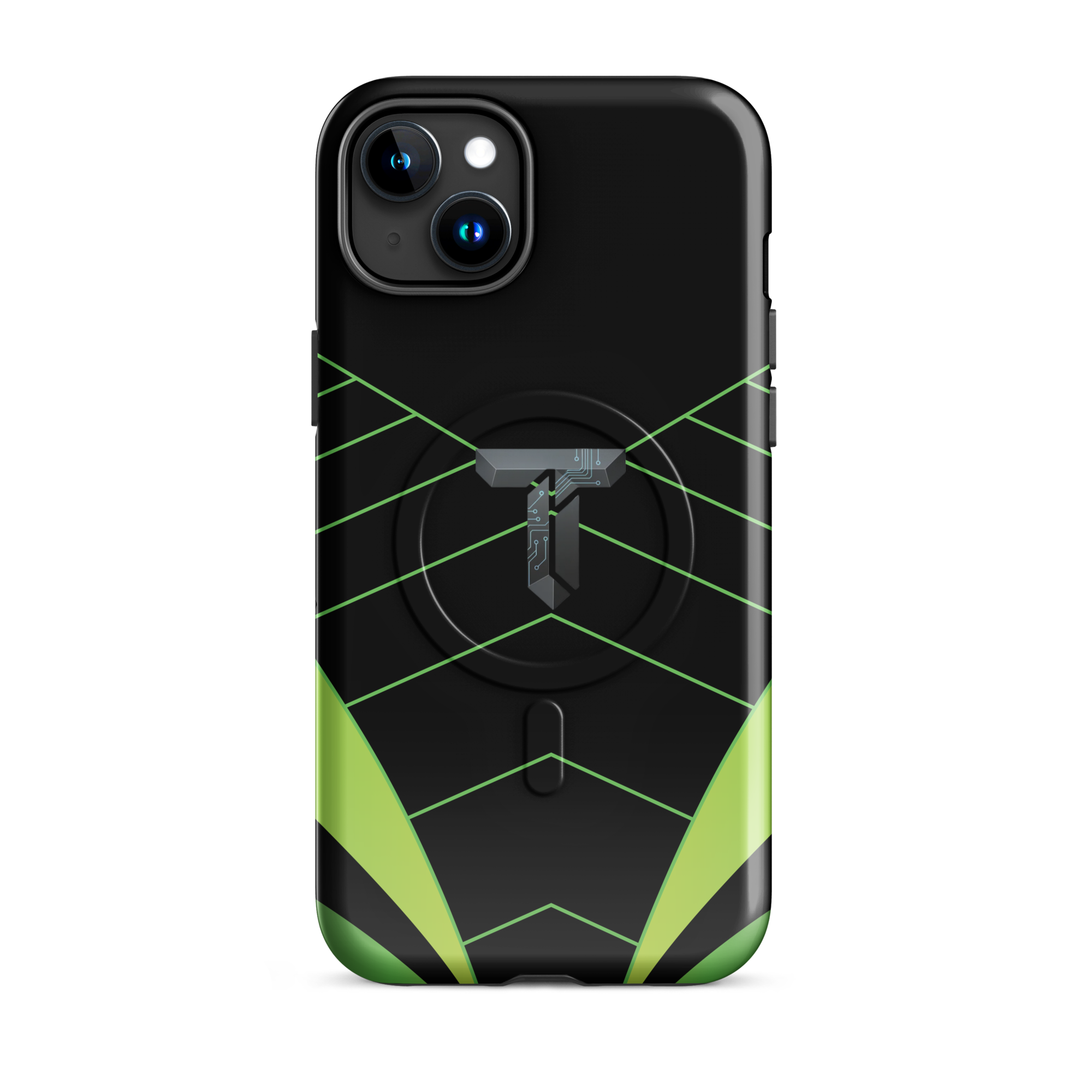 Coque iPhone MagSafe noire et verte motif géométrique protection renforcée