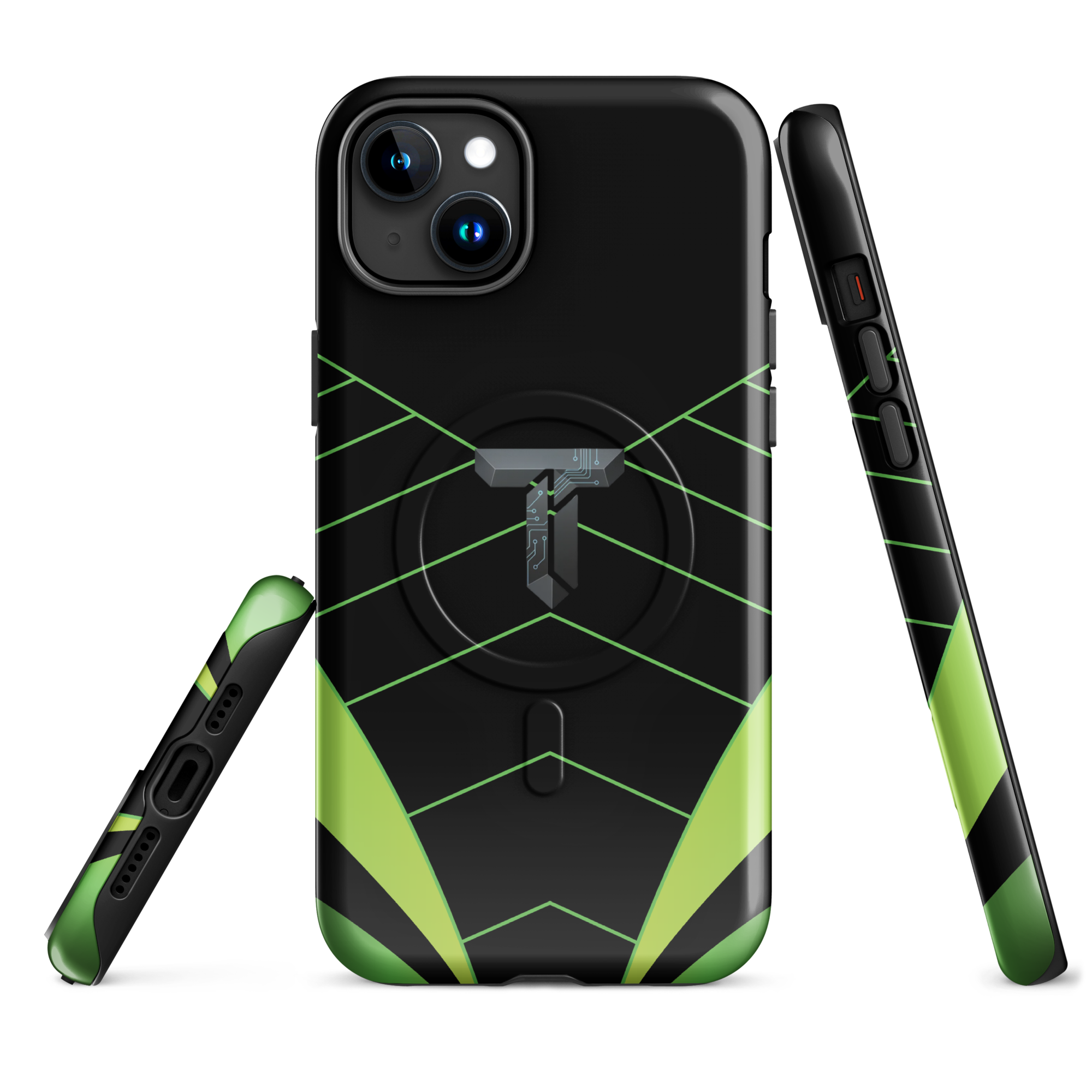 Coque iPhone MagSafe noire et verte motif géométrique protection renforcée