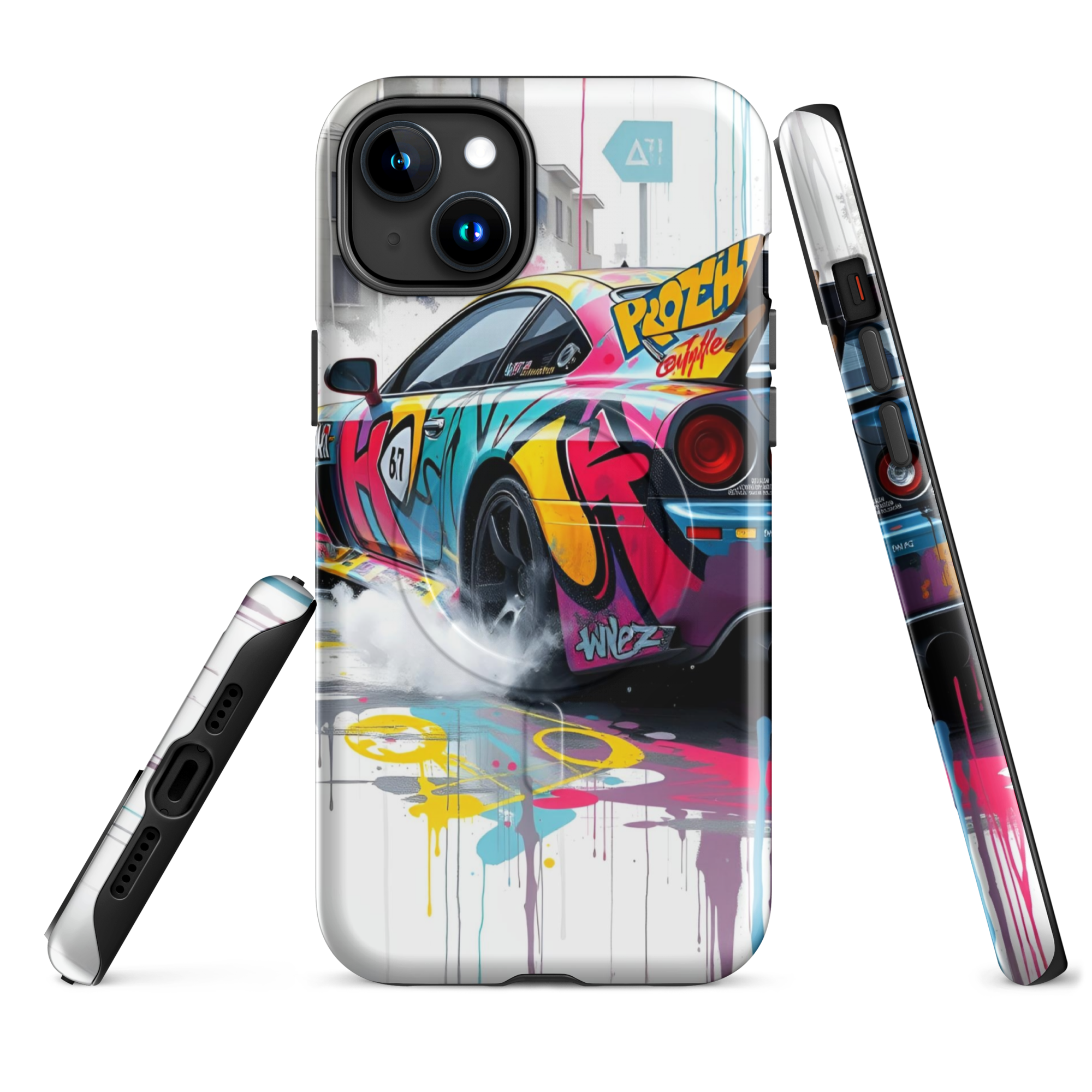 Coque iPhone MagSafe Graffiti Voiture Sport TechNova - Design street art racing avec couleurs néon