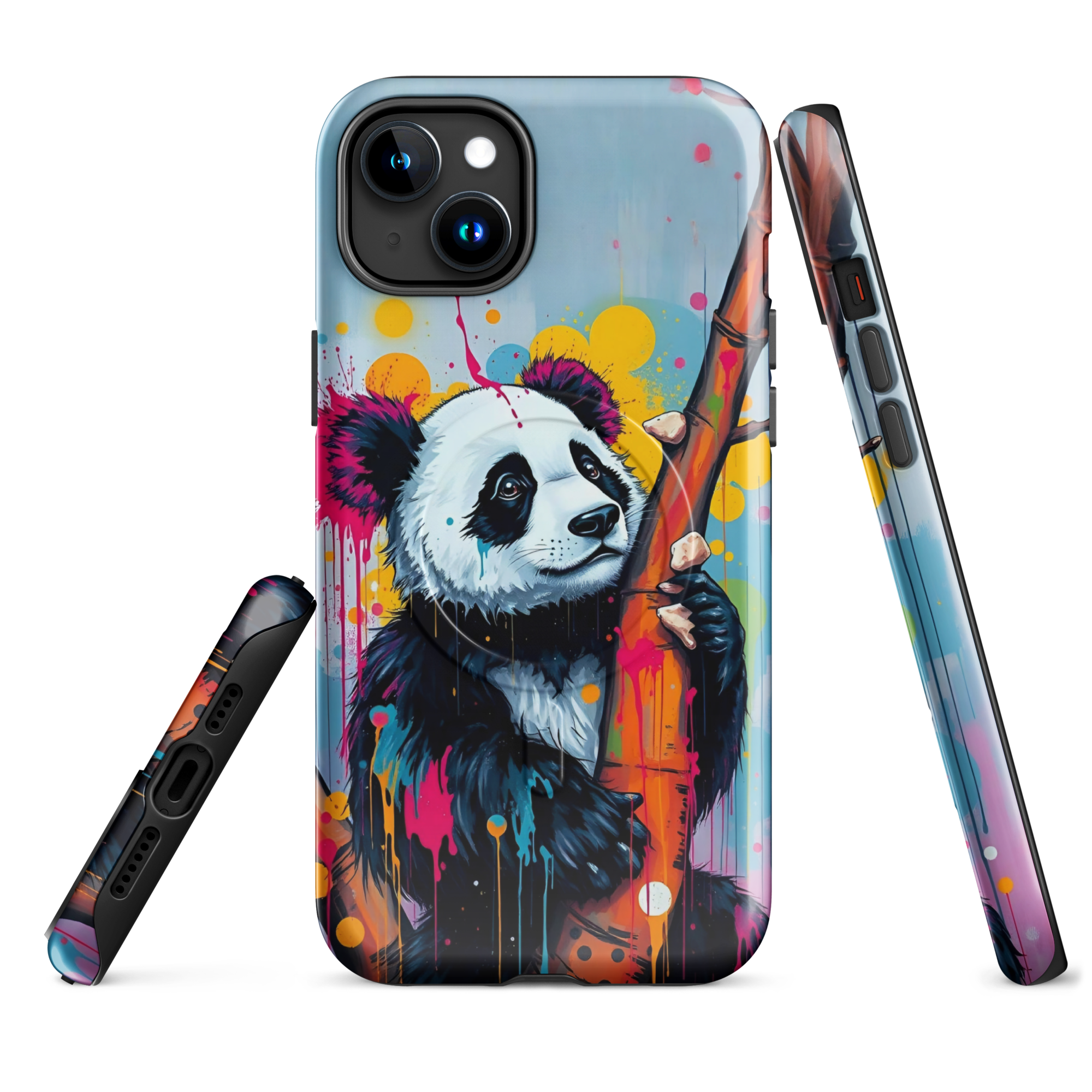 Coque iPhone MagSafe graffiti panda street art TechNova avec coulures roses oranges bleues protection premium