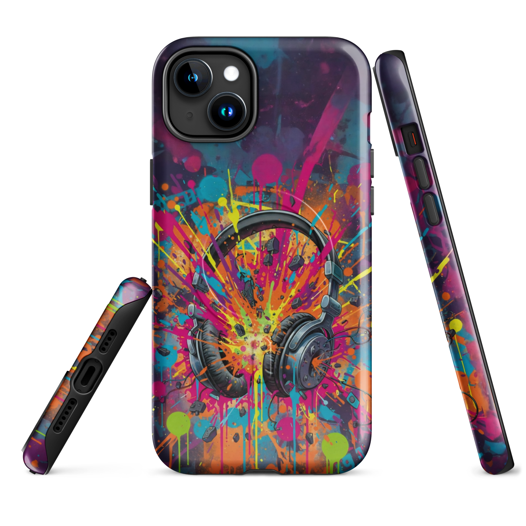 Coque iPhone MagSafe graffiti casque audio vintage explosion couleurs néon TechNova street art urbain protection premium