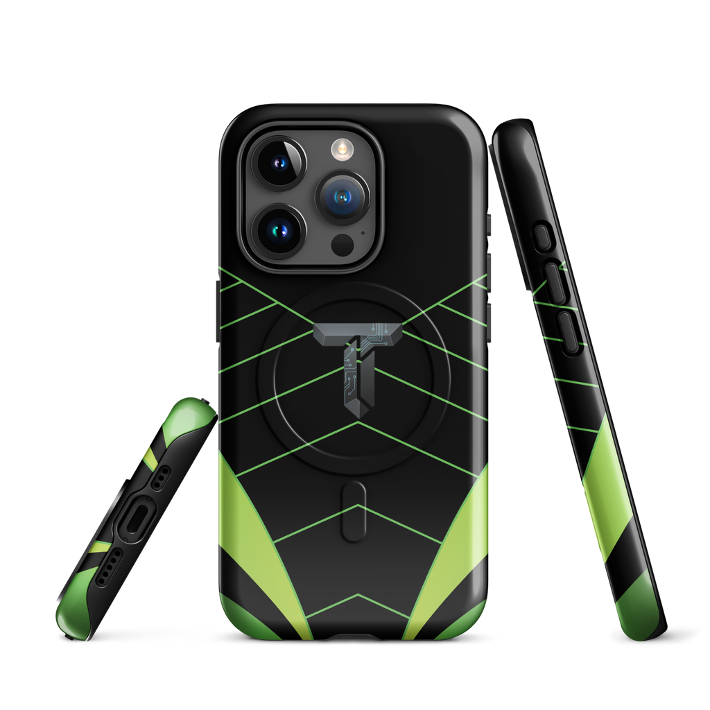 Coque iPhone MagSafe noire et verte motif géométrique protection renforcée