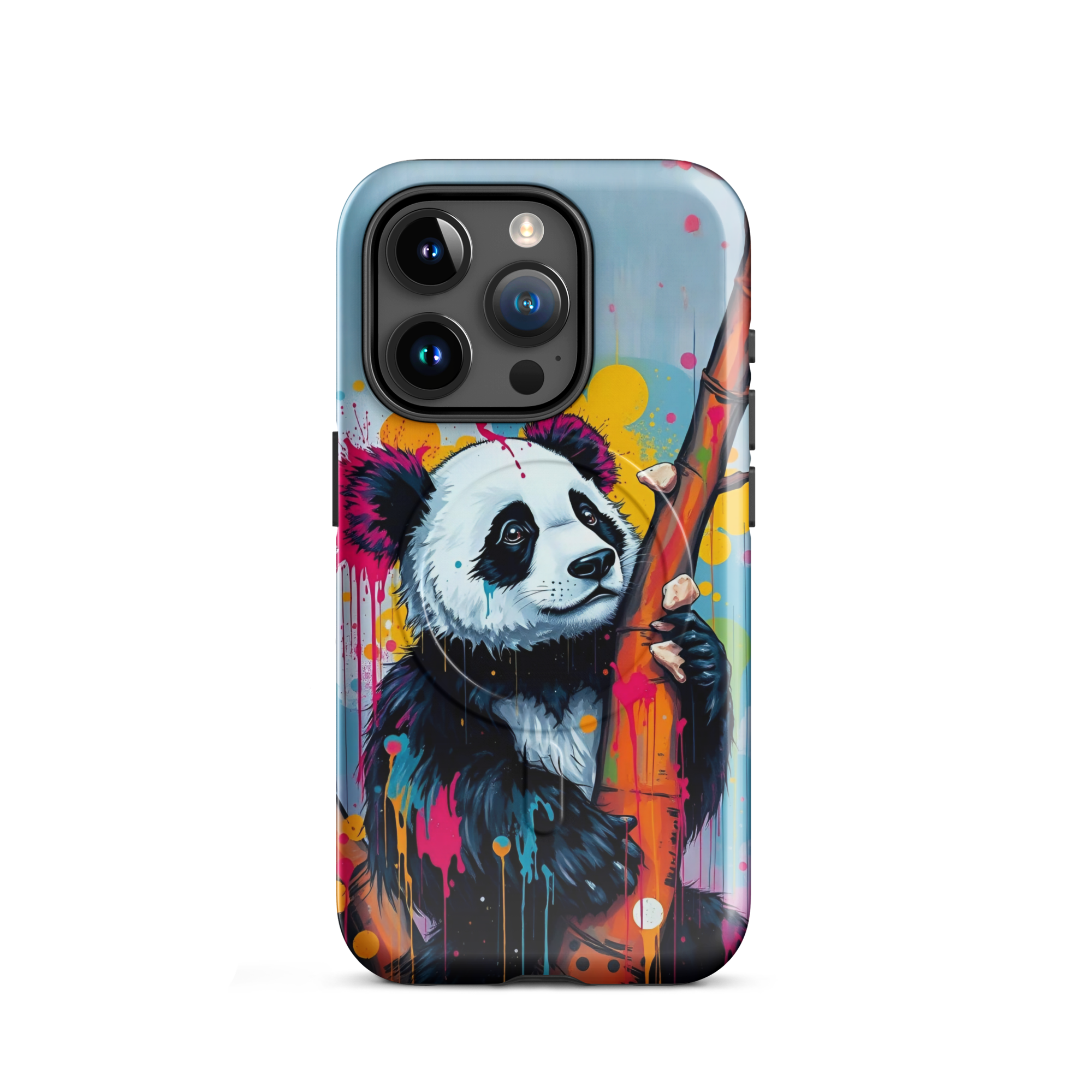 Coque iPhone MagSafe graffiti panda street art TechNova avec coulures roses oranges bleues protection premium