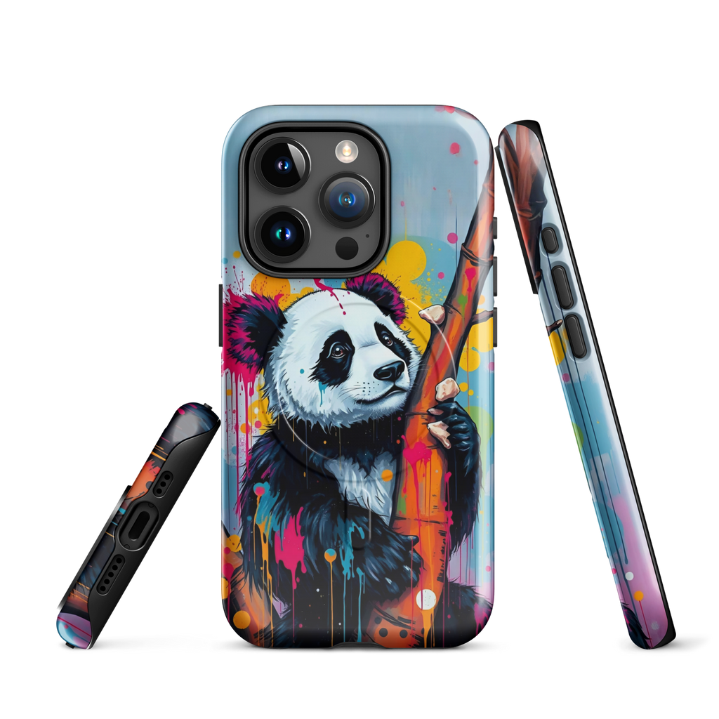 Coque iPhone MagSafe graffiti panda street art TechNova avec coulures roses oranges bleues protection premium