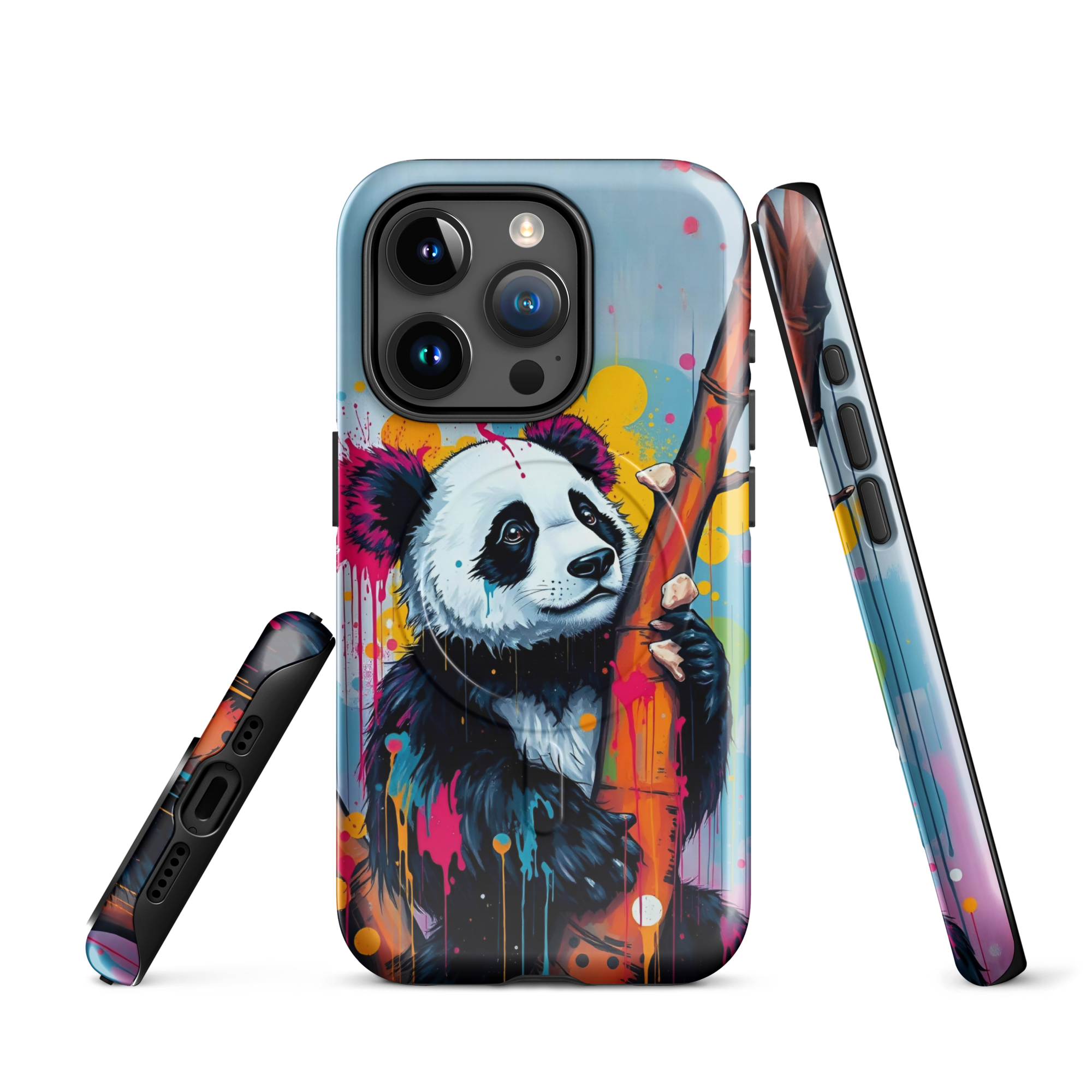 Coque iPhone MagSafe graffiti panda street art TechNova avec coulures roses oranges bleues protection premium