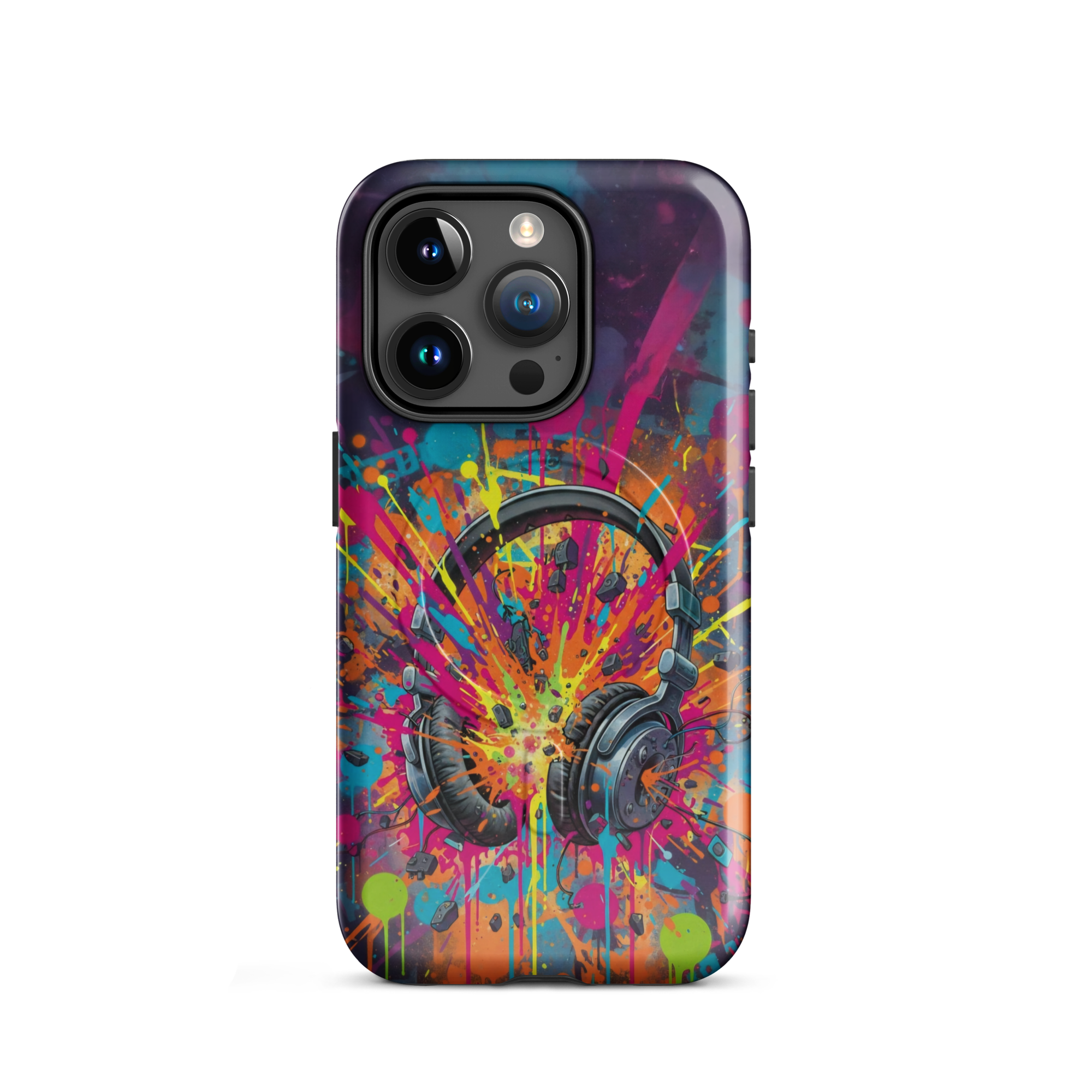 Coque iPhone MagSafe graffiti casque audio vintage explosion couleurs néon TechNova street art urbain protection premium