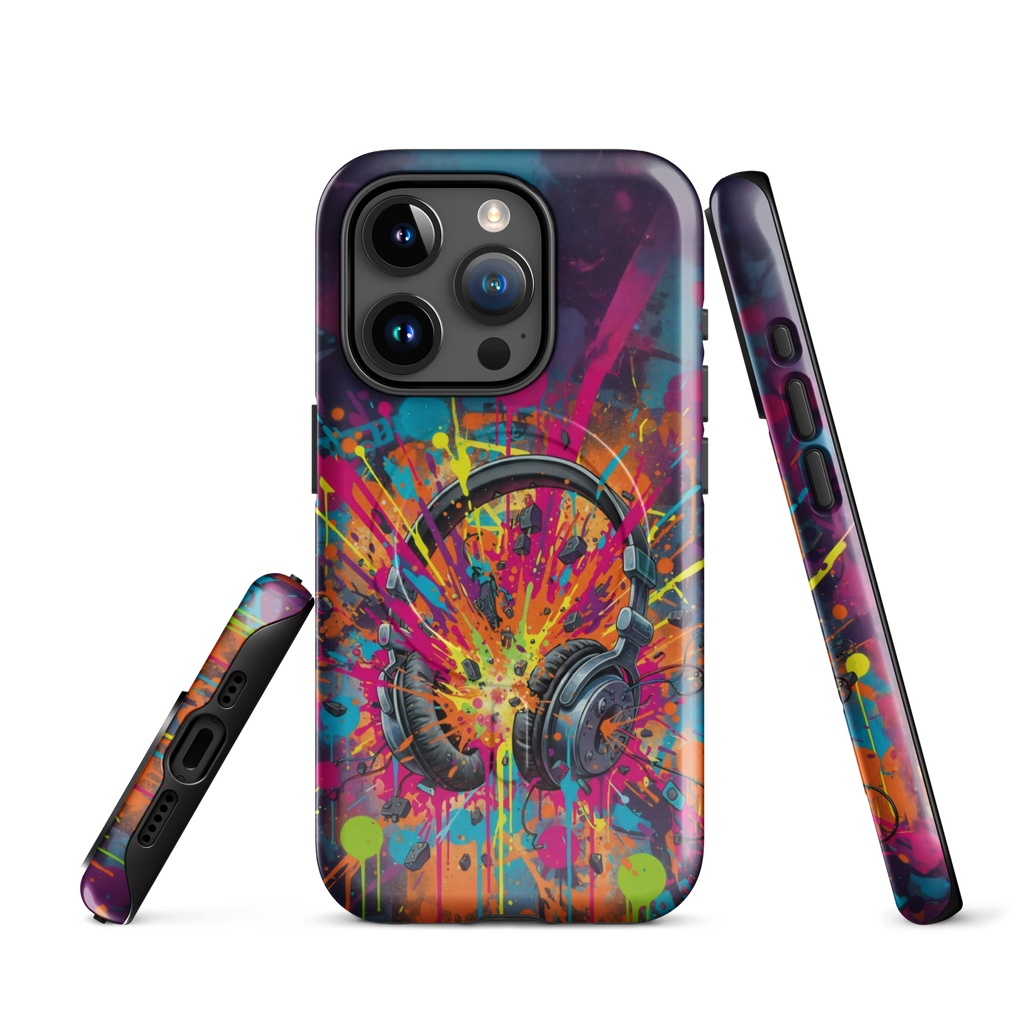Coque iPhone MagSafe graffiti casque audio vintage explosion couleurs néon TechNova street art urbain protection premium