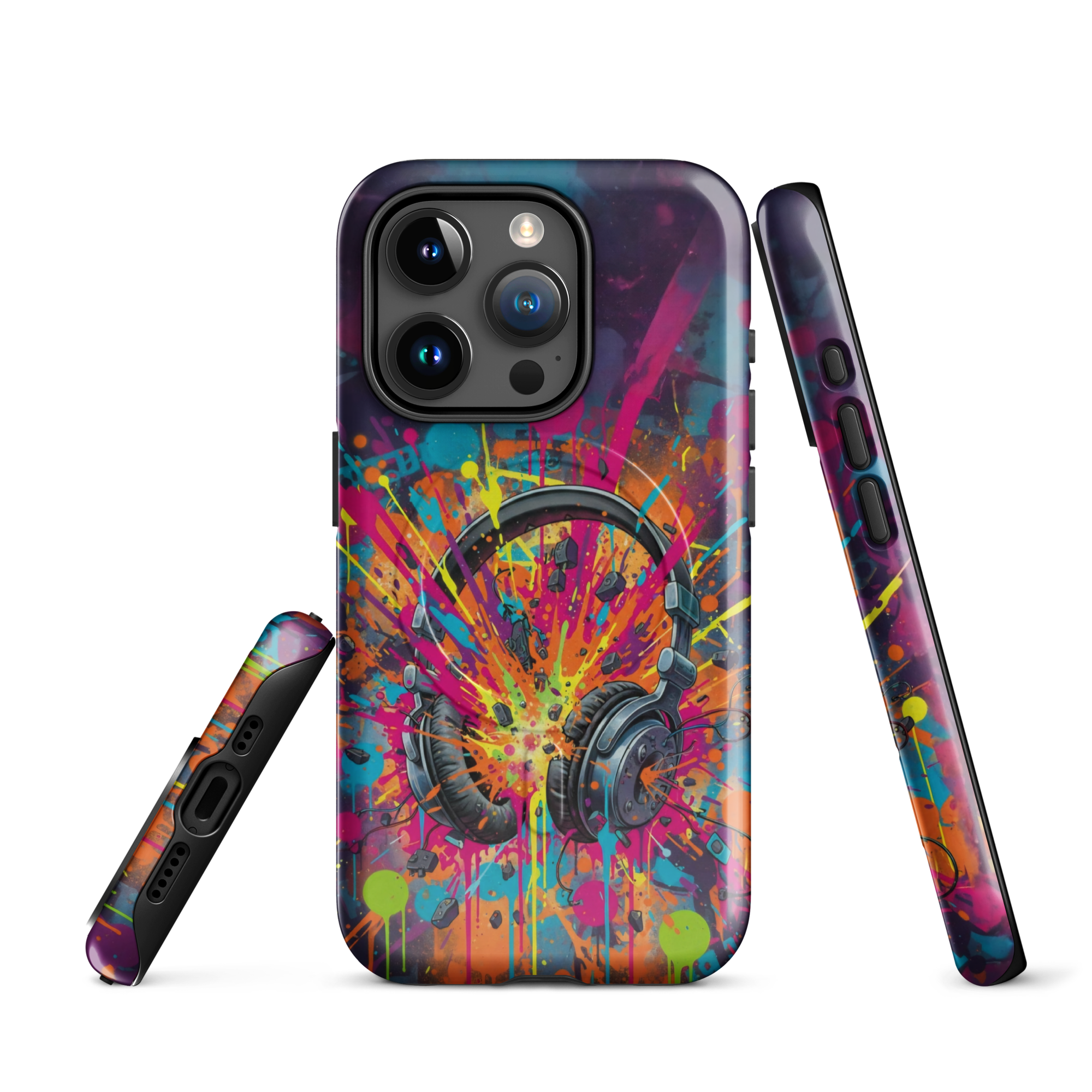 Coque iPhone MagSafe graffiti casque audio vintage explosion couleurs néon TechNova street art urbain protection premium